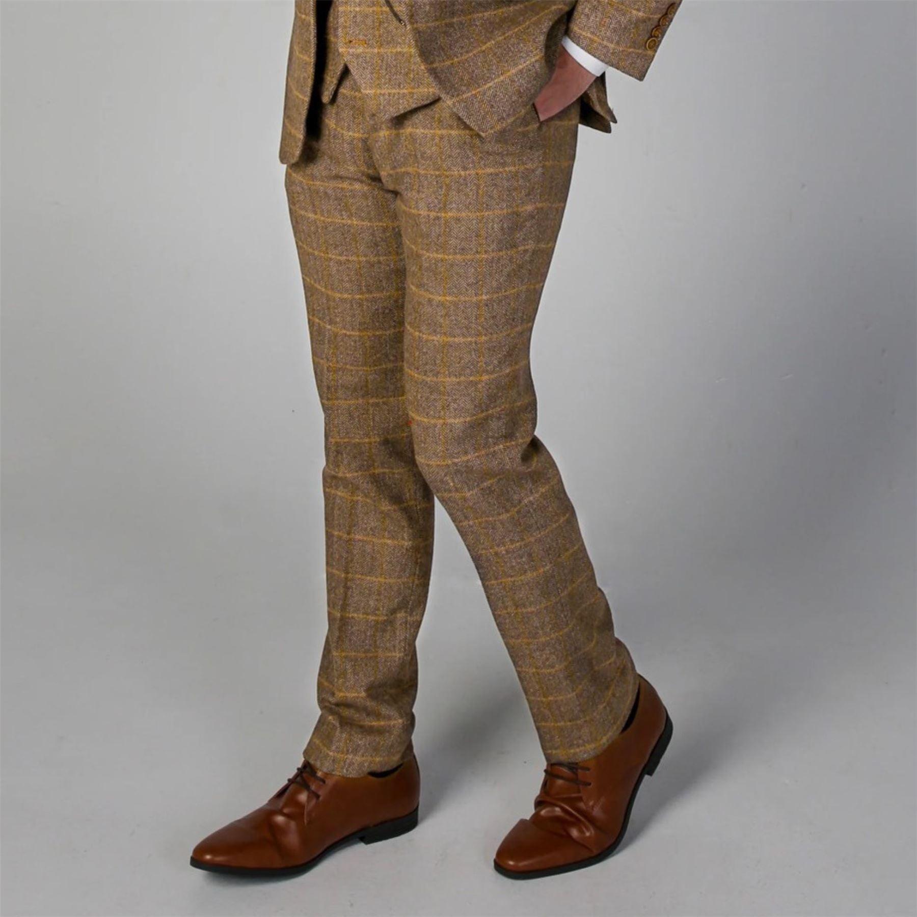 Men's Brown Trousers Tweed Herringbone Wool Blend Pants - Knighthood Store