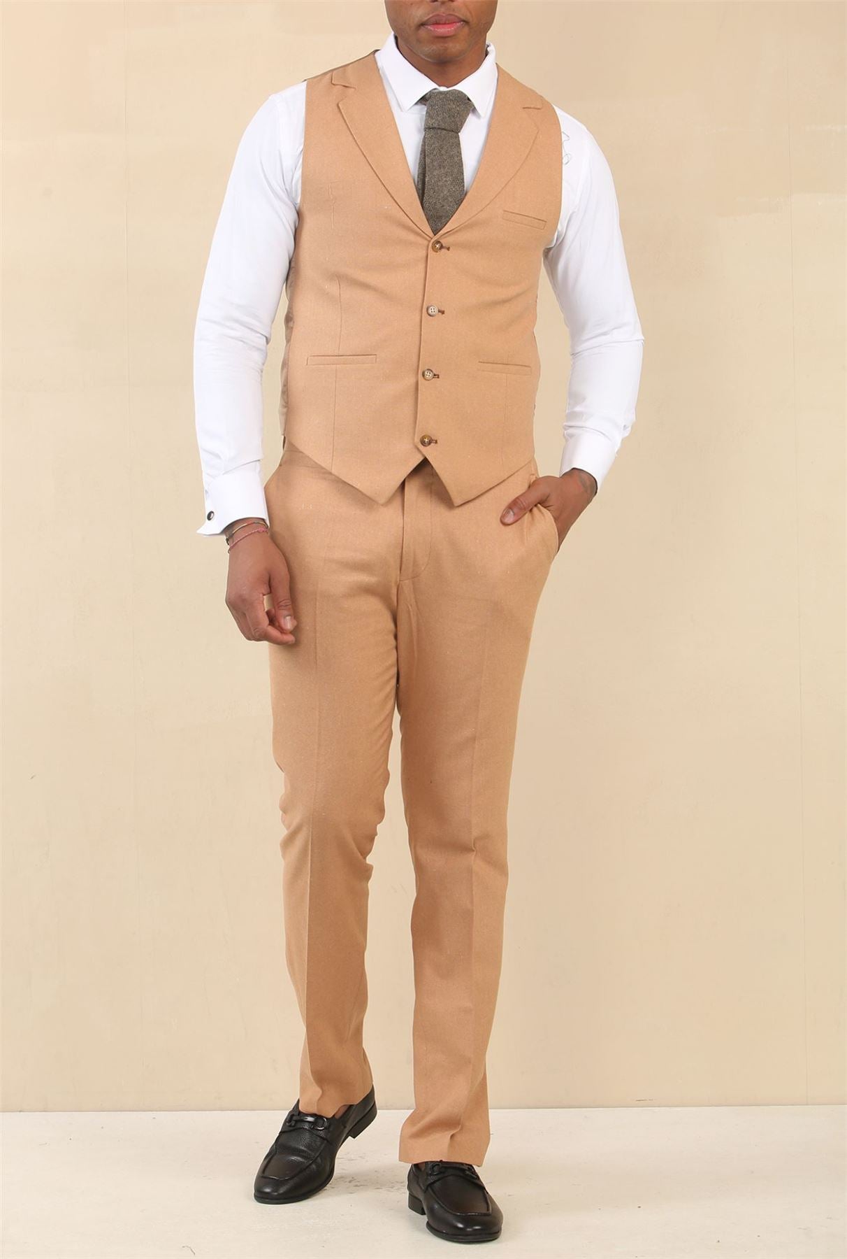 TP-23 - Men's Camel 3 Piece Linen Summer Wedding Suit