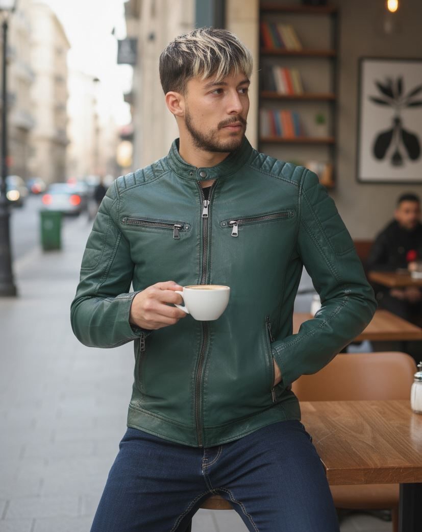 Men's Lambskin Leather Motorcycle Jacket Slim Fit Biker Coat