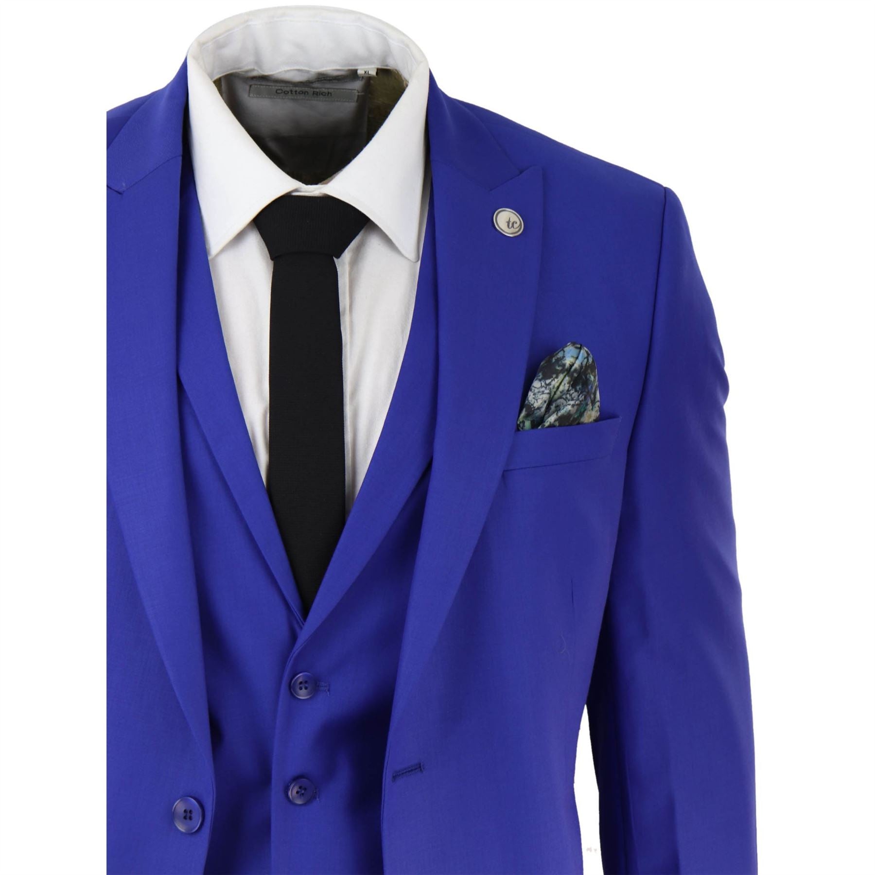 Mens 3 Piece Royal Blue Tailored Fit Suit Best Man Groom Prom Wedding Classic