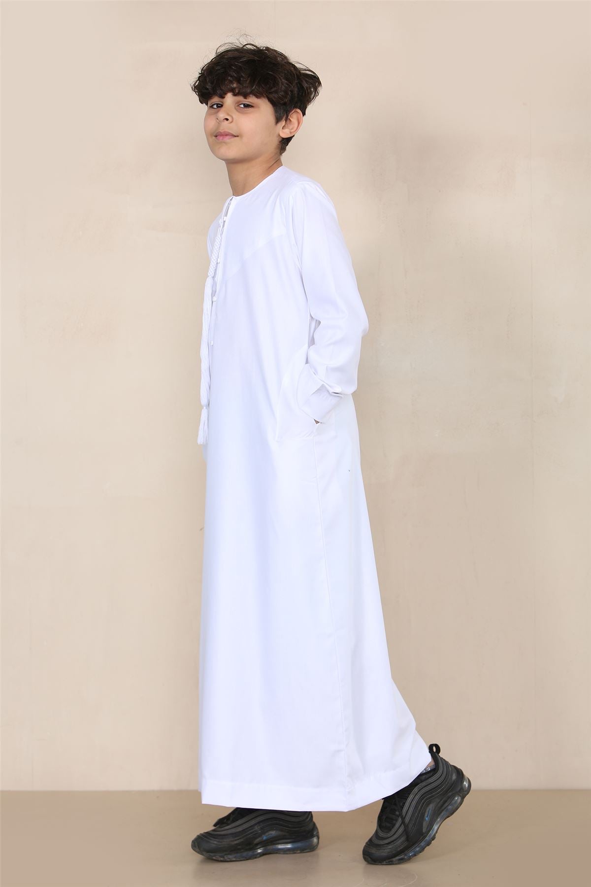 Boy's Thobe Emirati Omani Jubba Islamic Clothing Muslim Kaftan Eid Robe String Tassel