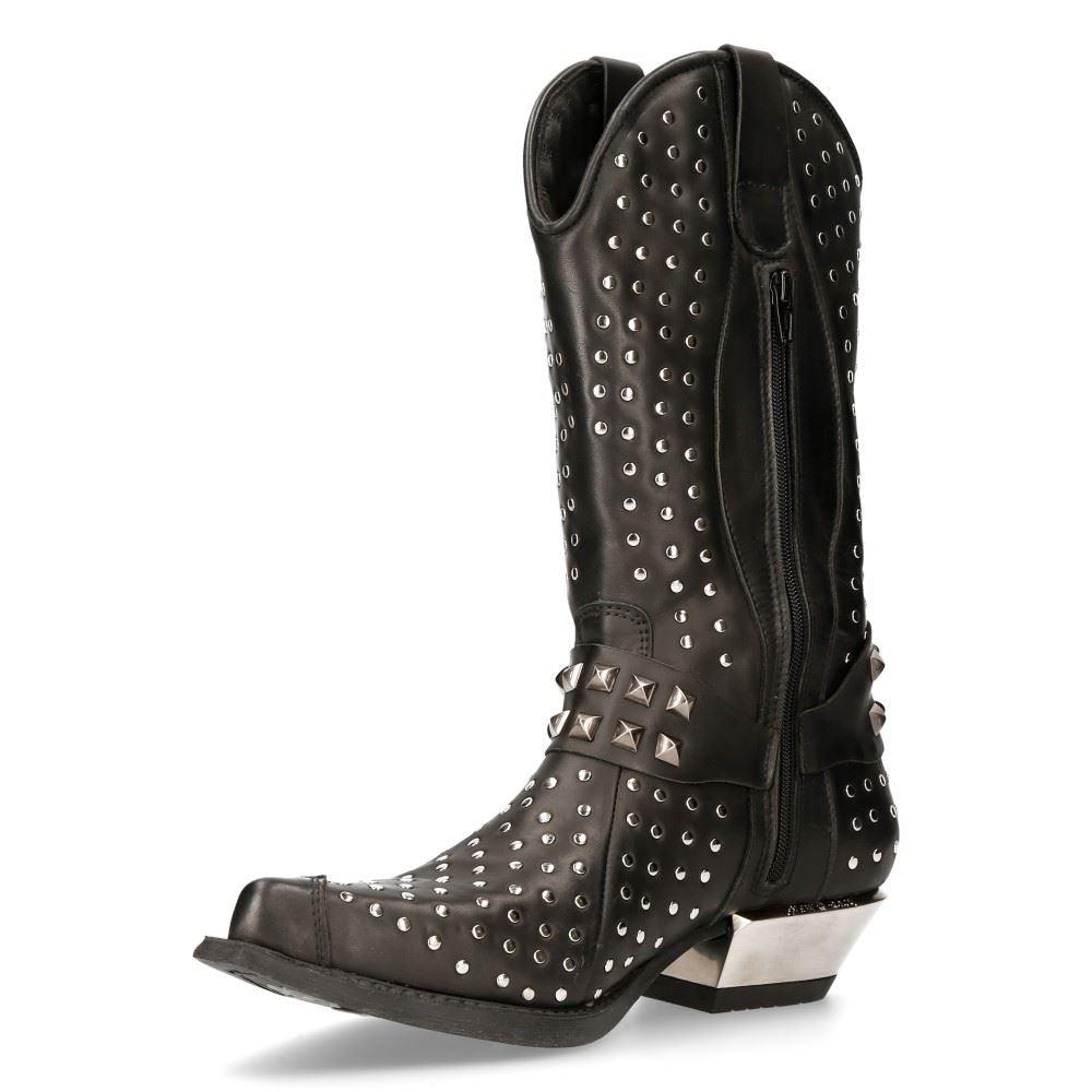 New Rock M-7928-s1 Western Cowboy Boots Black Leather Heavy Biker Silver Studs - Knighthood Store