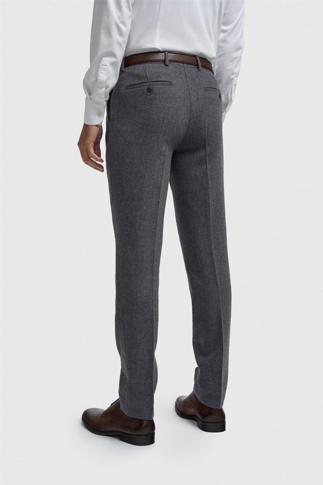 Thomas - Men's Navy Wool Blend Herringbone Tweed Trousers