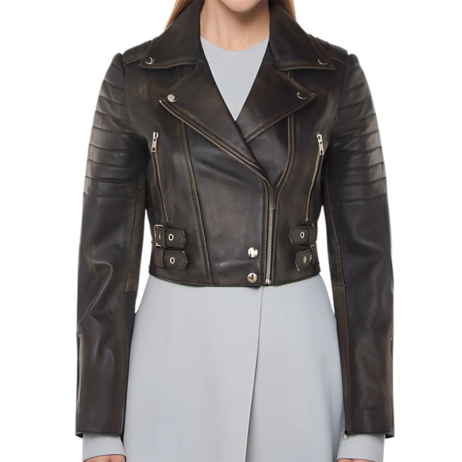 Women's Real Leather Short Cropped Length Biker Jacket