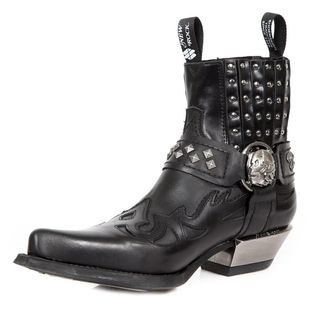New Rock M.7950-S1 Black Ankle Boots Western Goth Strap Skull Stud Metal - Knighthood Store
