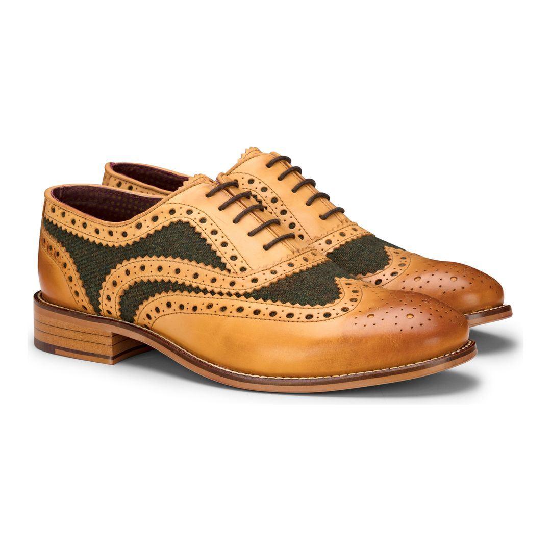 Mens Tan Tweed Olive Leather Gatsby Shoes Vintage Wedding Office Classic - Knighthood Store