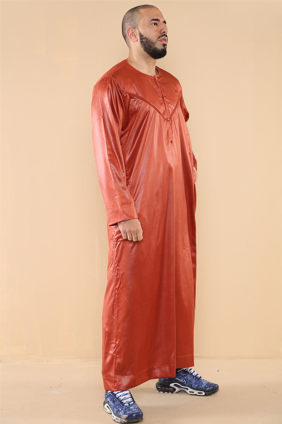 Mens Thobe Jubba Islamic Clothing Muslim Kaftan Emirati Omani Robe Satin Shiny