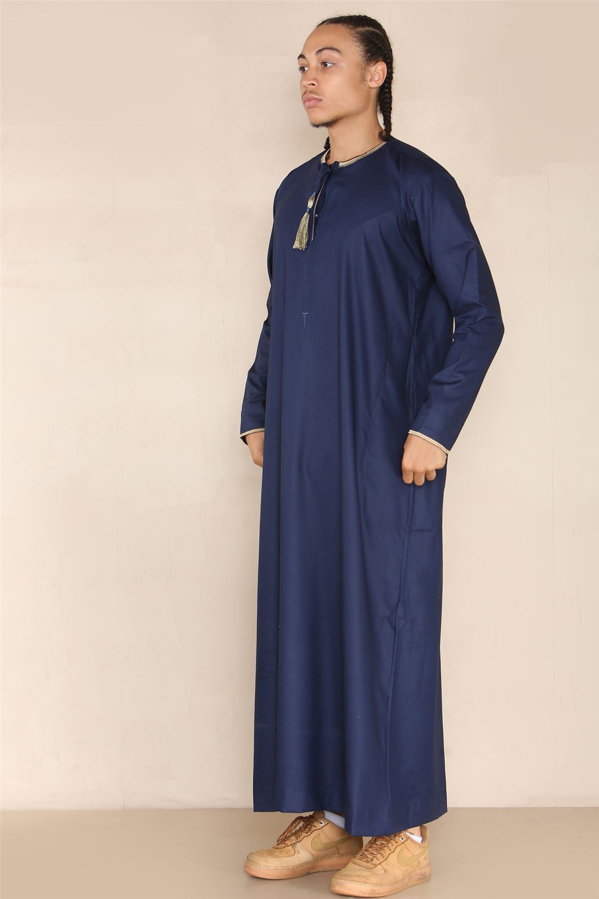 Mens Emirati Omani Thobe Jubba Islamic Clothing Muslim Kaftan Eid Robe Arab String Tassel