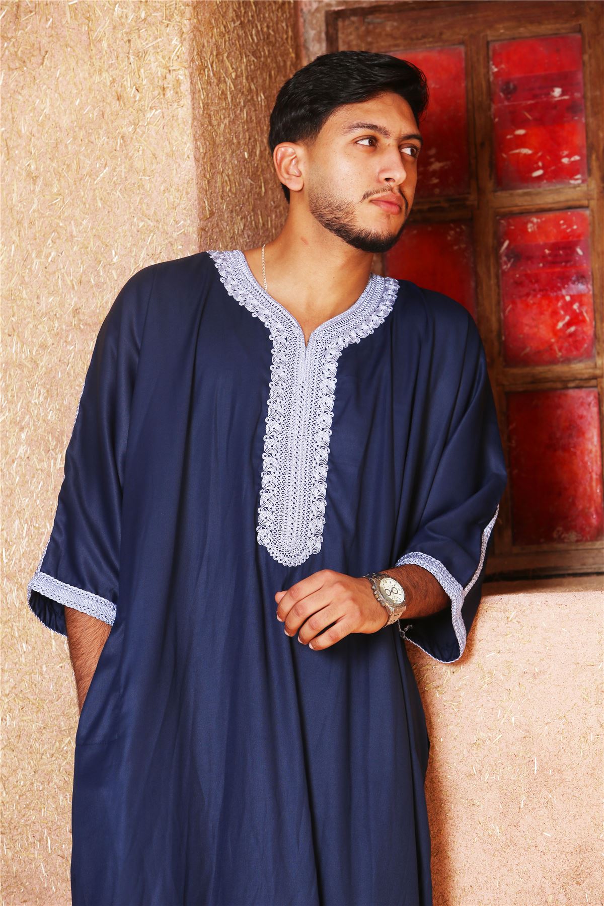 Men's Navy Moroccan Thobe Short Sleeve Gandoura Blue Embroidery Kaftan
