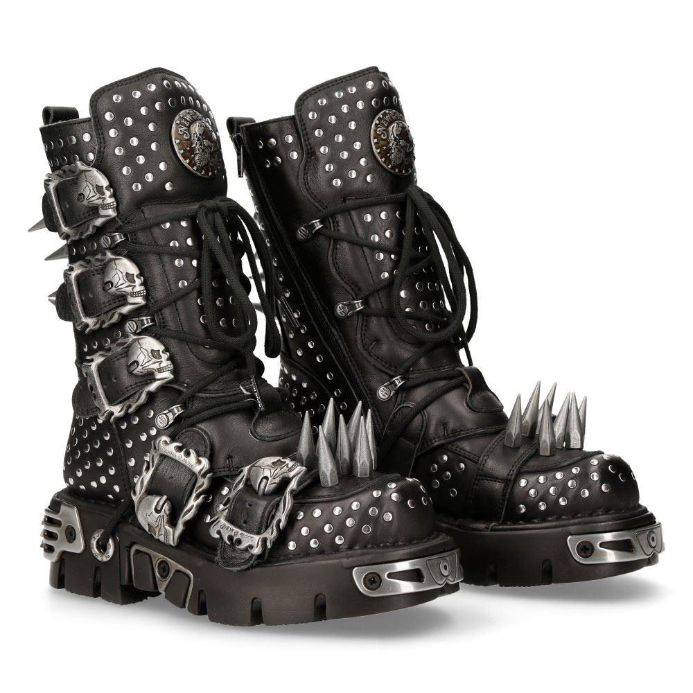 New Rock 1535-S1 Black Leather Military High Boots Metal Spikes Buckles Punk EMO - Knighthood Store