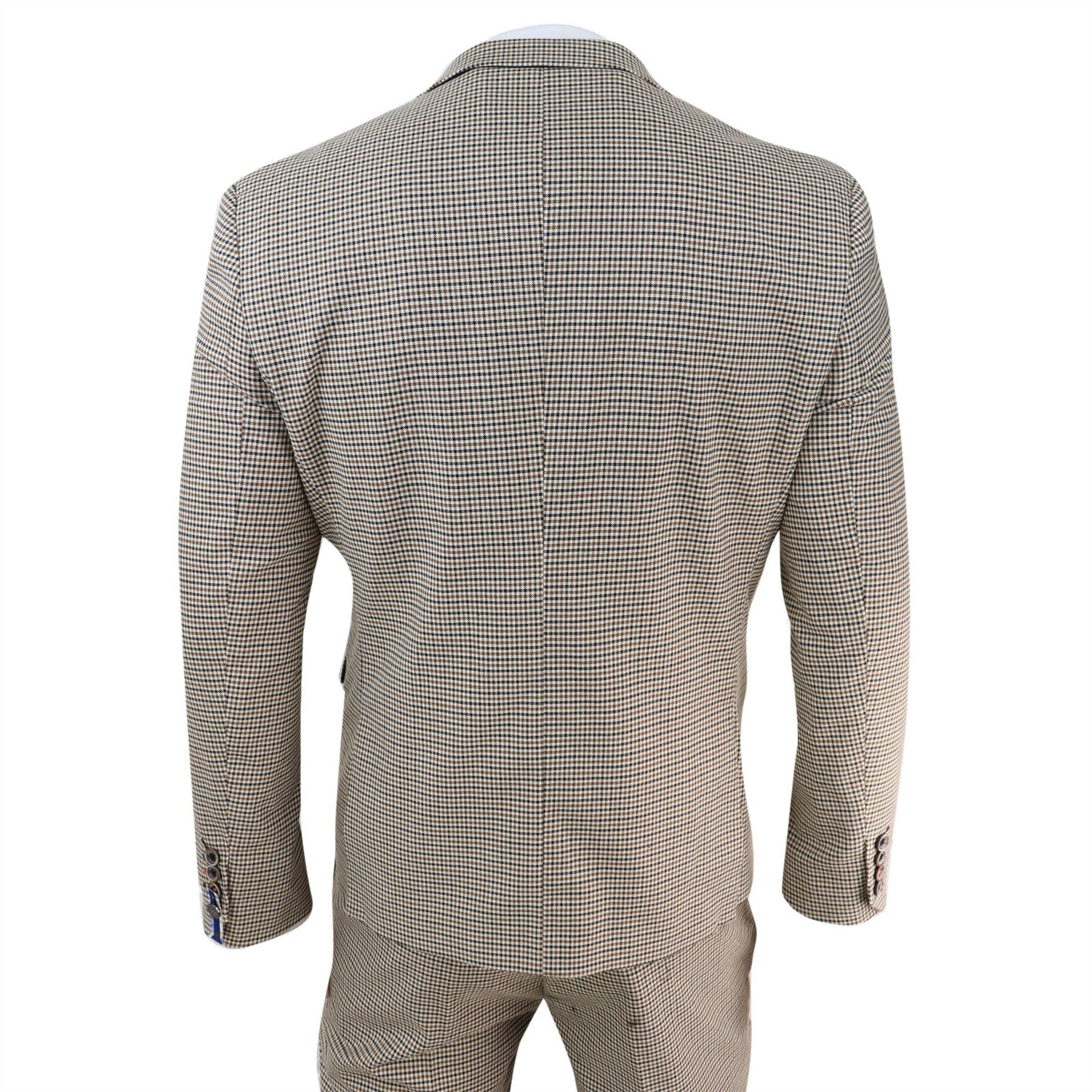 Mens Beige Navy Check Suit Vintage Classic Prince Of Wales Tailored Fit Wedding