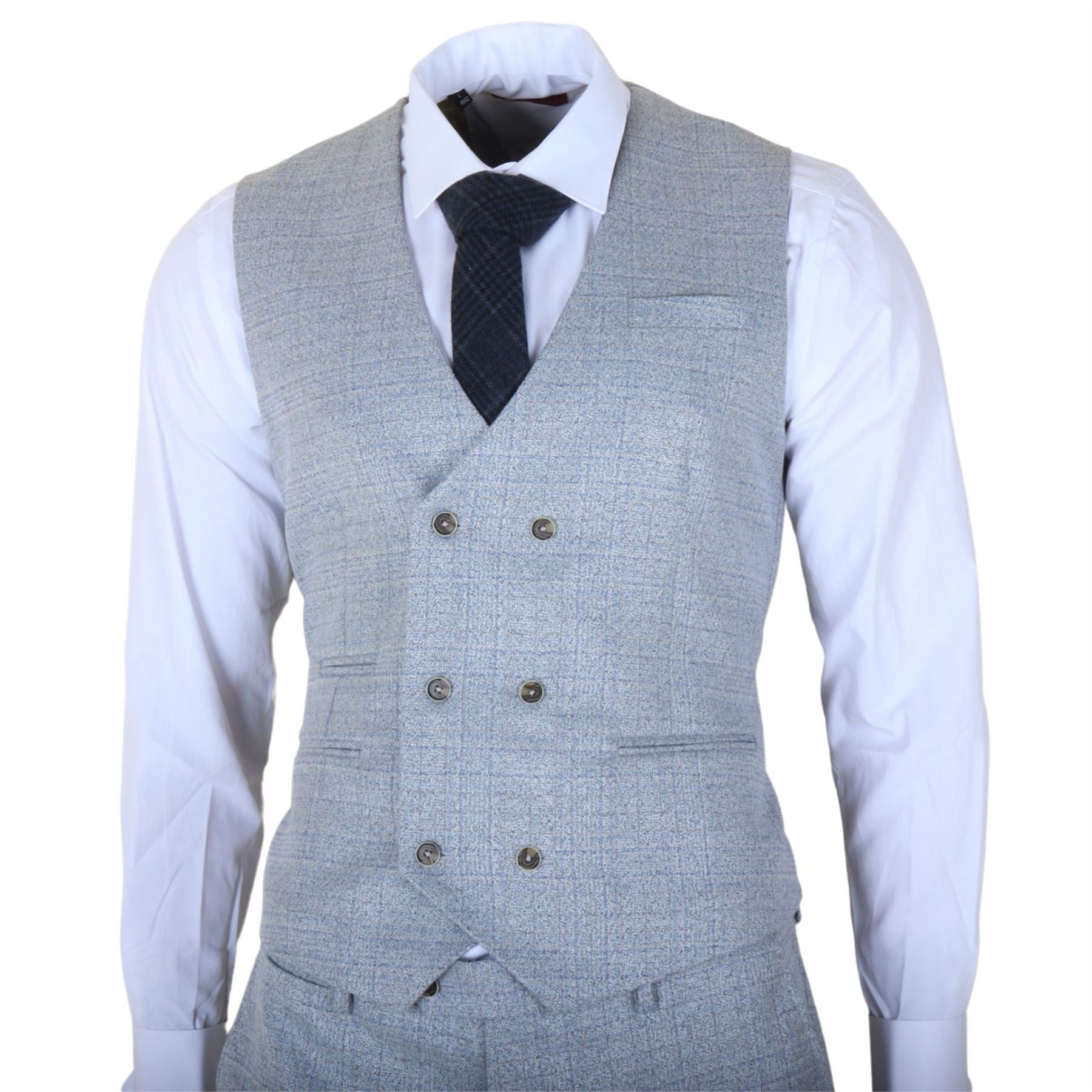 Luis - Men's Light Blue Plaid Check Slim Fit 3 Piece Suit