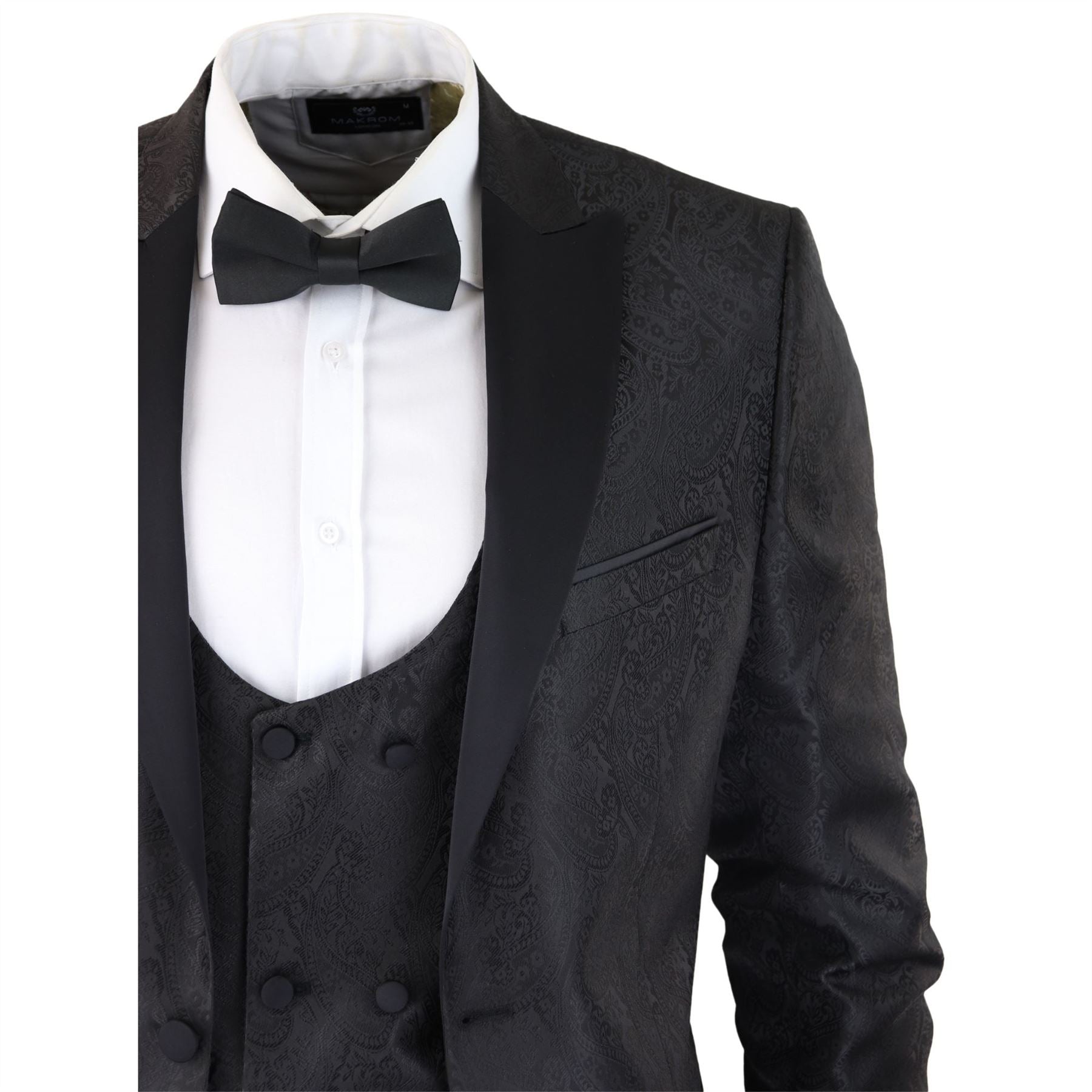 Mens Paisley Tuxedo Blazer And Waistcoat Brocade Dinner Jacket Satin Black Fit