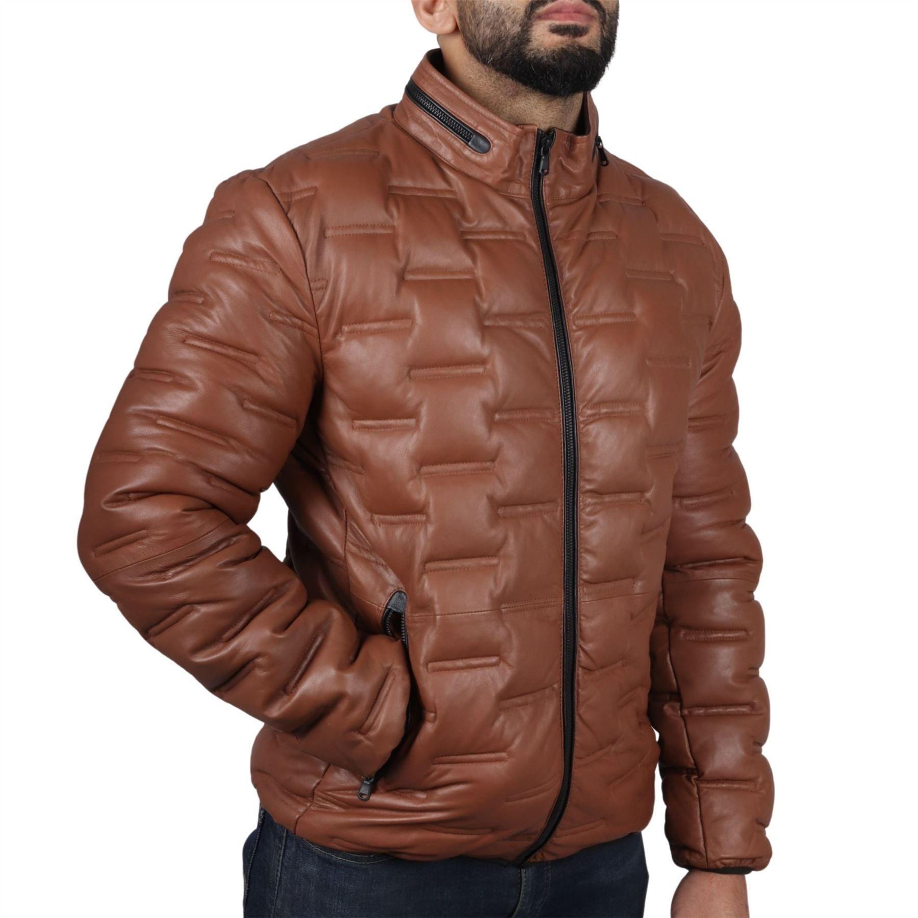 Men's Puffer Quilted Real Leather Jacket Casual Waist Length - Knighthood Store