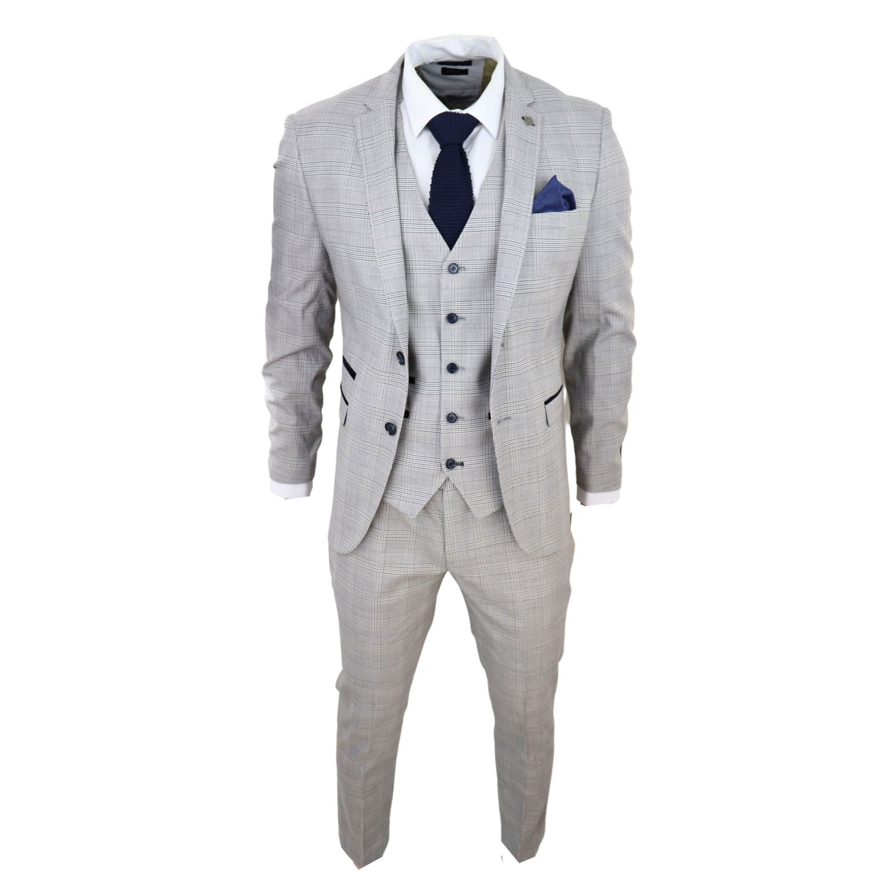 Mens Light Grey 3 Piece Suit Navy Blue Check Velvet Trims Wedding Tailored Fit Classic