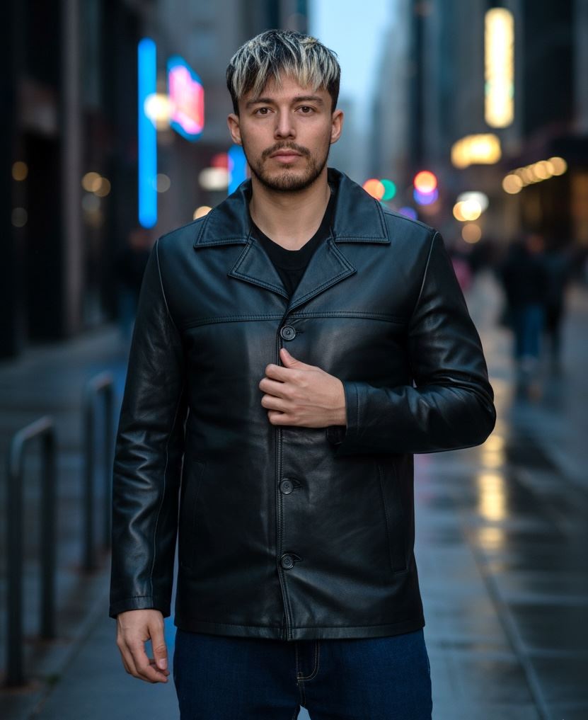 Men's Leather Car Coat Collared Blazer Style Jacket