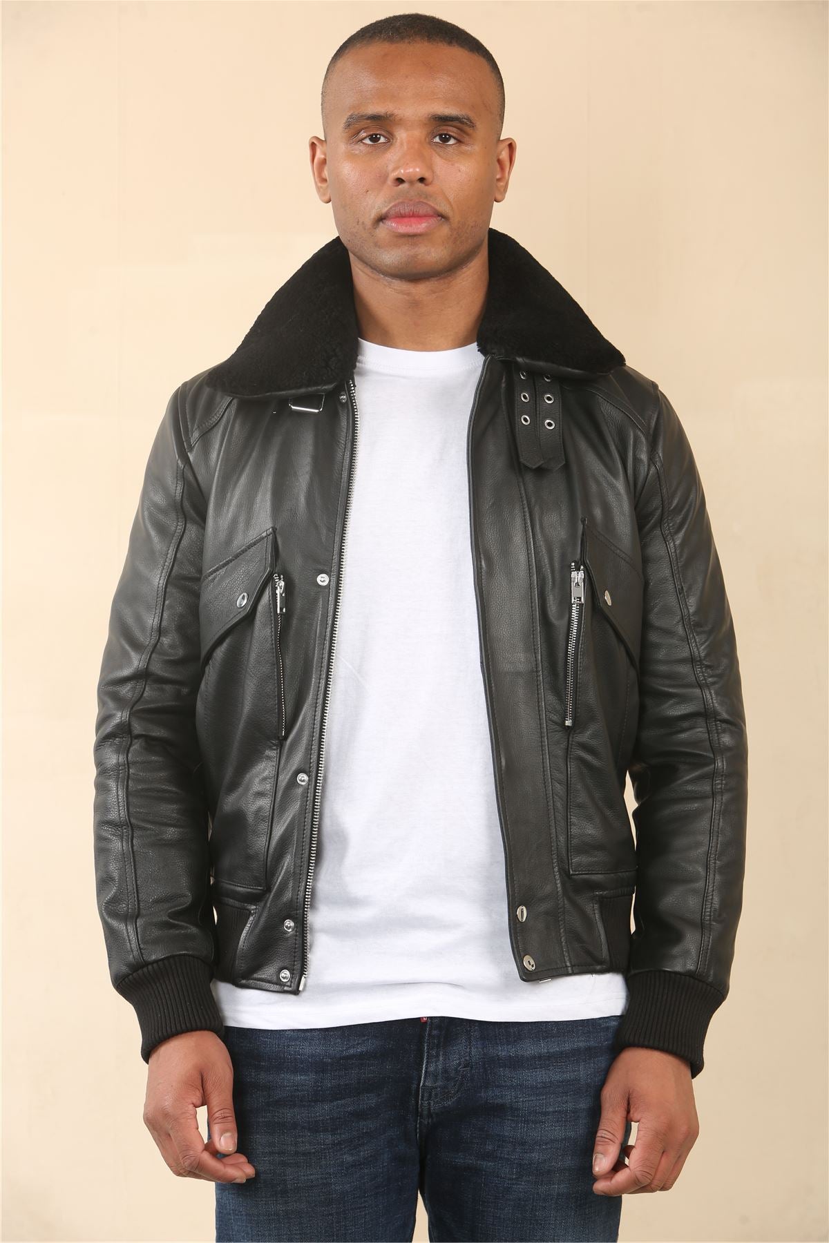 Men's Black Cowhide Aviator Bomber Leather Jacket
