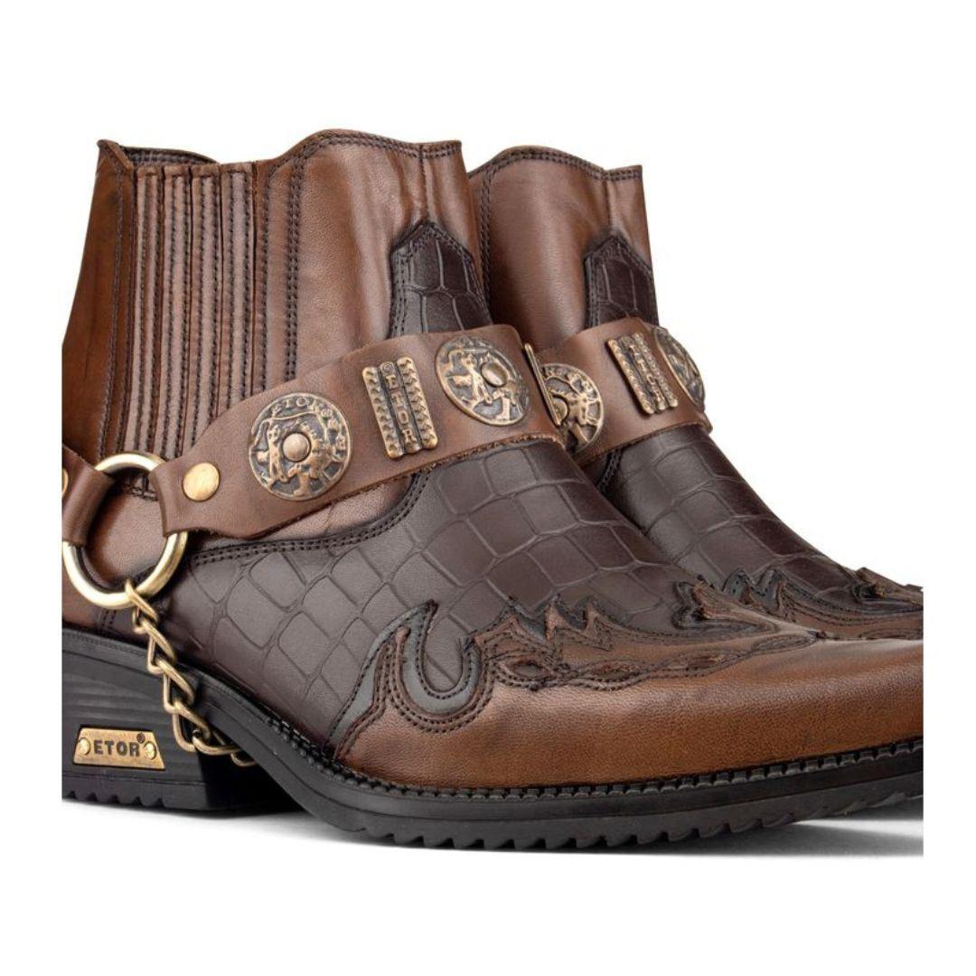 Mens Real Leather Crocodile Cowboy Ankle Boots Chain Western Cuban Heel Dancing - Knighthood Store