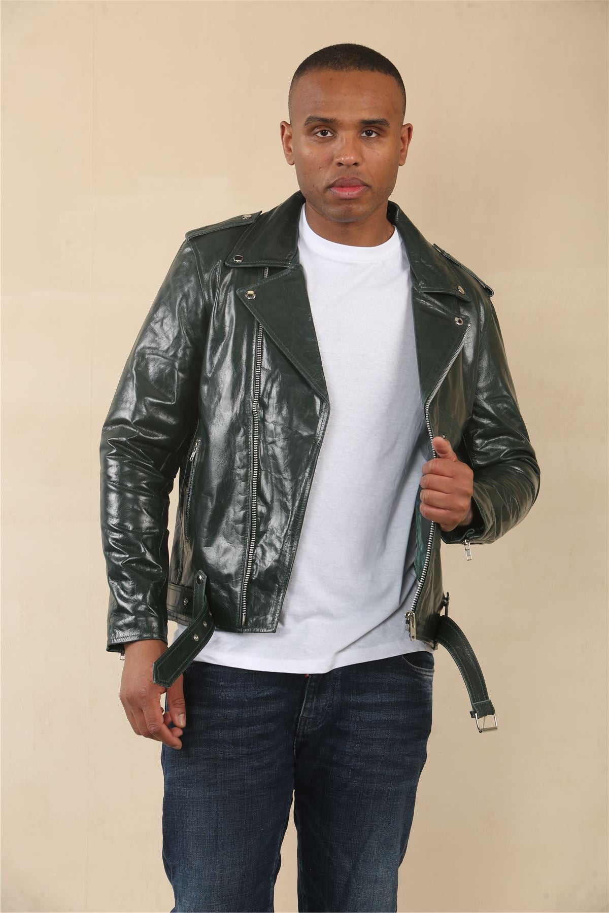Men's Cow Hide Biker Brando Cross Zip Leather Jacket