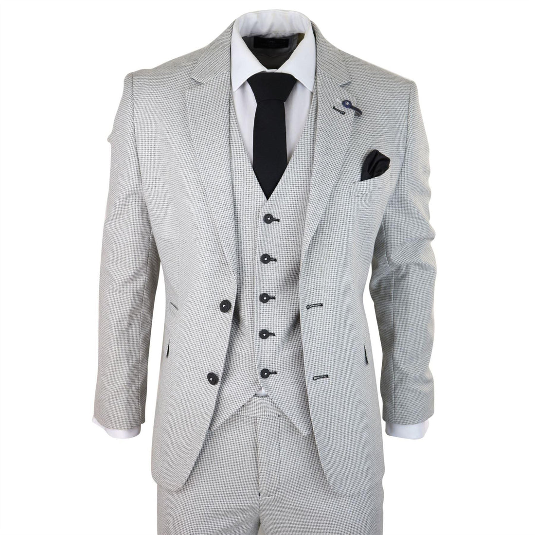 Mens 3 Piece Light Grey Black Check Suit Tailored Fit Retro Vintage Classic Smart - Knighthood Store