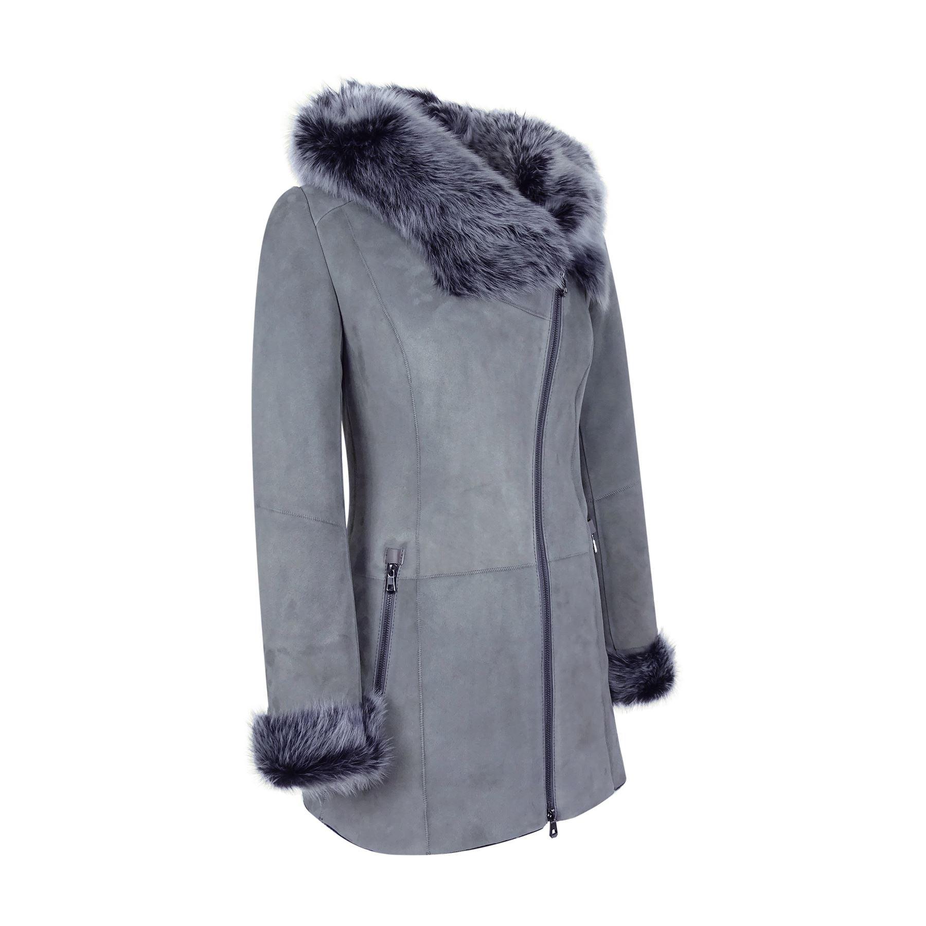 Grey Ladies Long Suede Real Toscana Sheepskin Coat Zipped Hood Tailored Fit - Knighthood Store