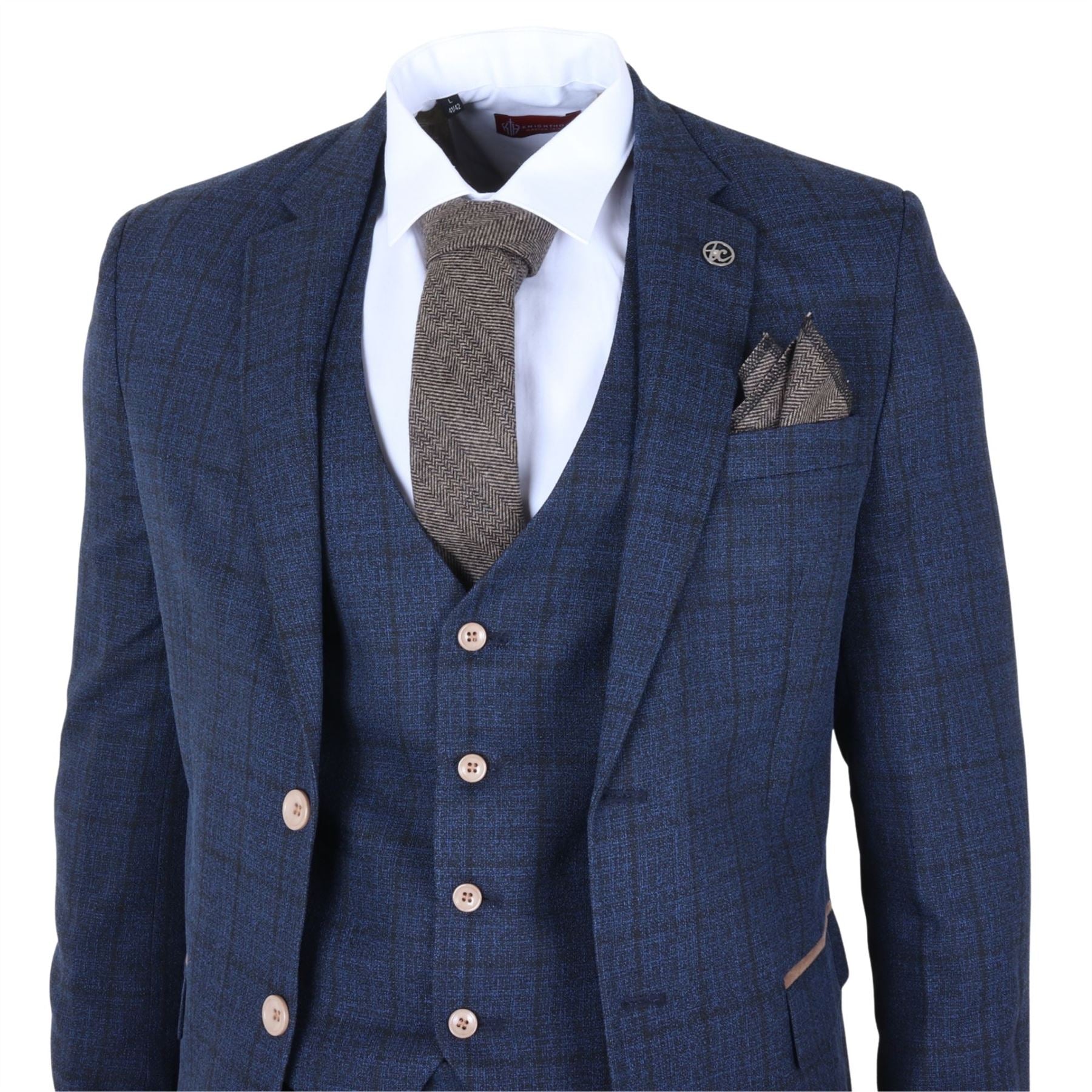 IM11 - Men's Navy 3 Piece Plaid Check Suit