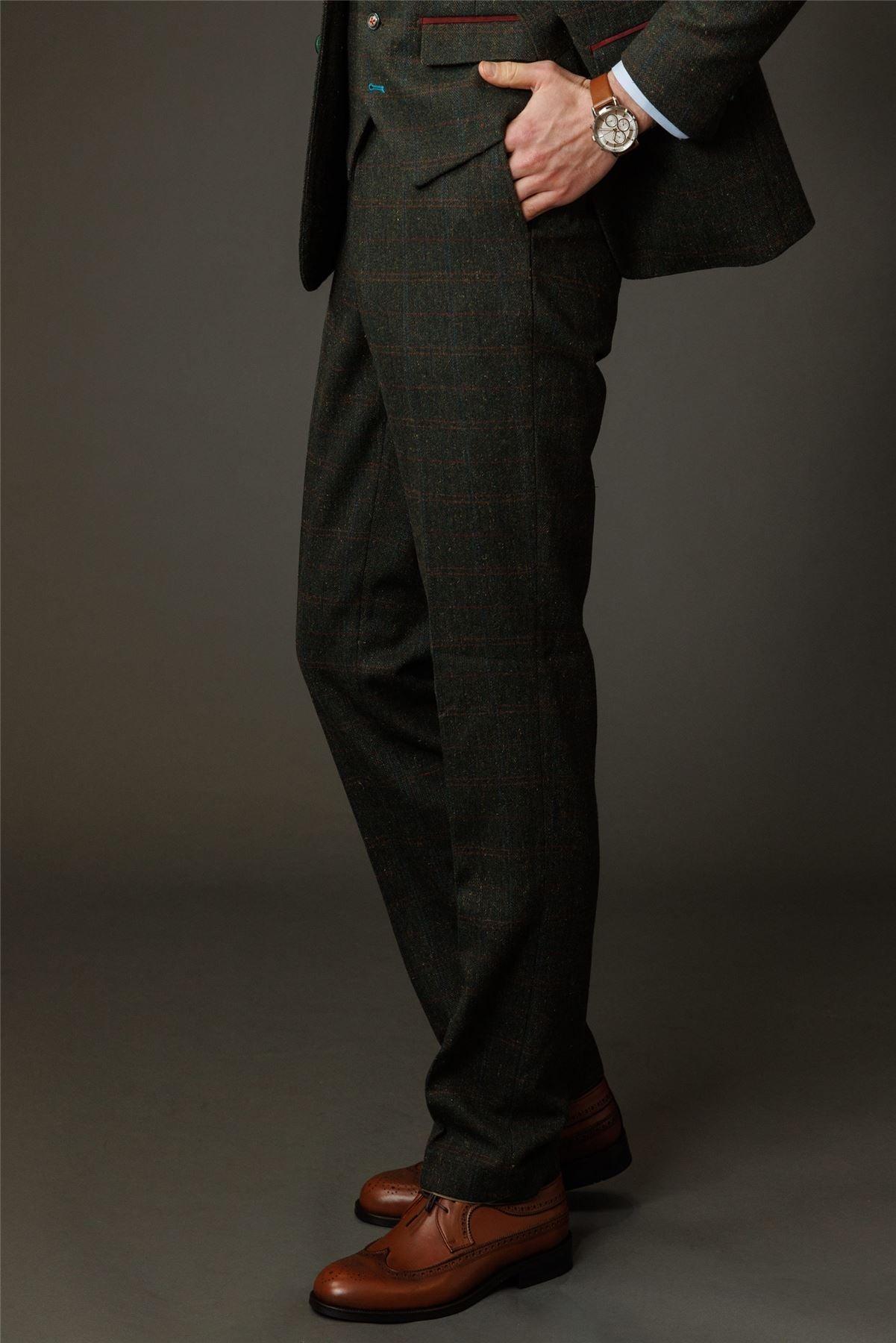 Men's Trousers Wool Blend Olive Green Herringbone Check Tweed Formal Pants - Knighthood Store