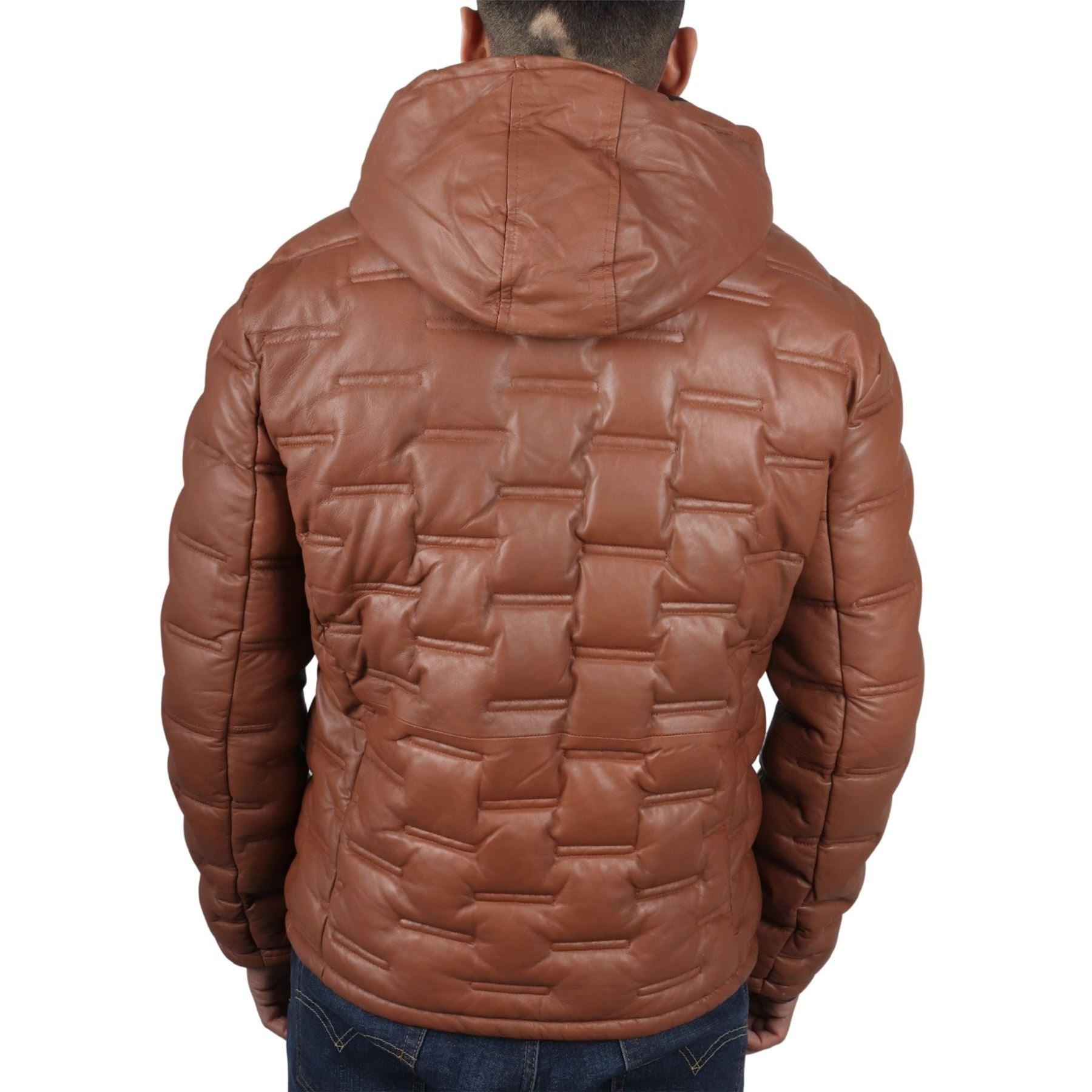 Men's Puffer Quilted Real Leather Jacket Hooded Casual - Knighthood Store