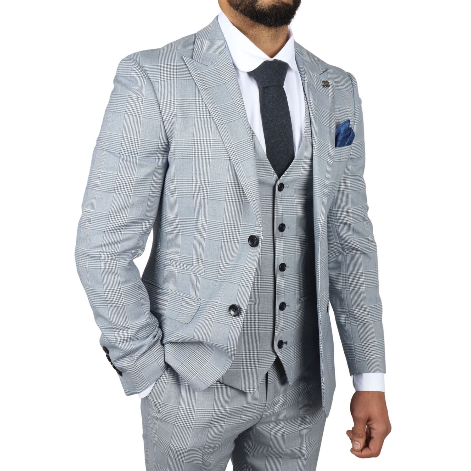 Men's Suit Blue 3 Piece Tweed Check Wedding Prom Tailored Fit