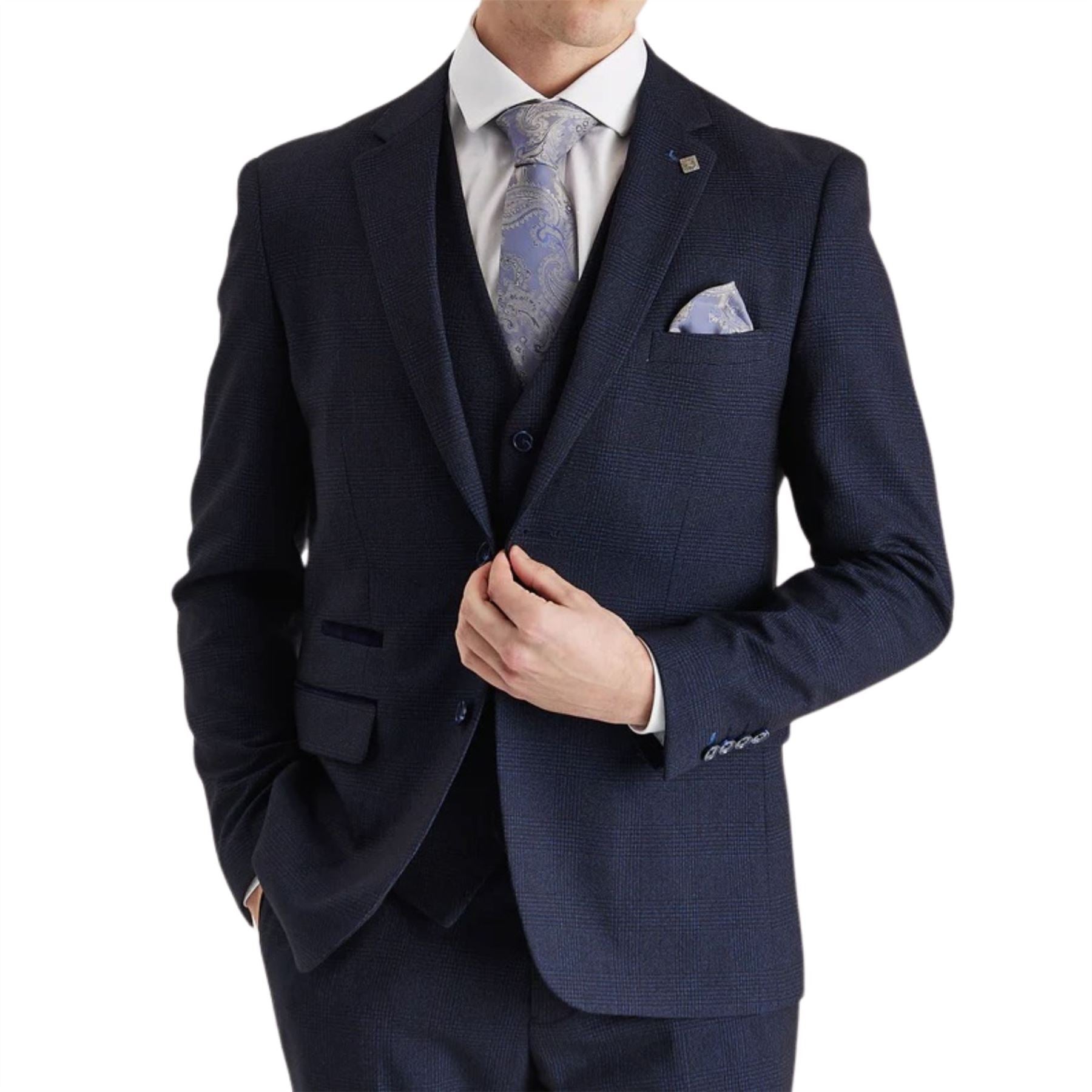 Regent - Men's Navy Checked Tailored Fit Blazer