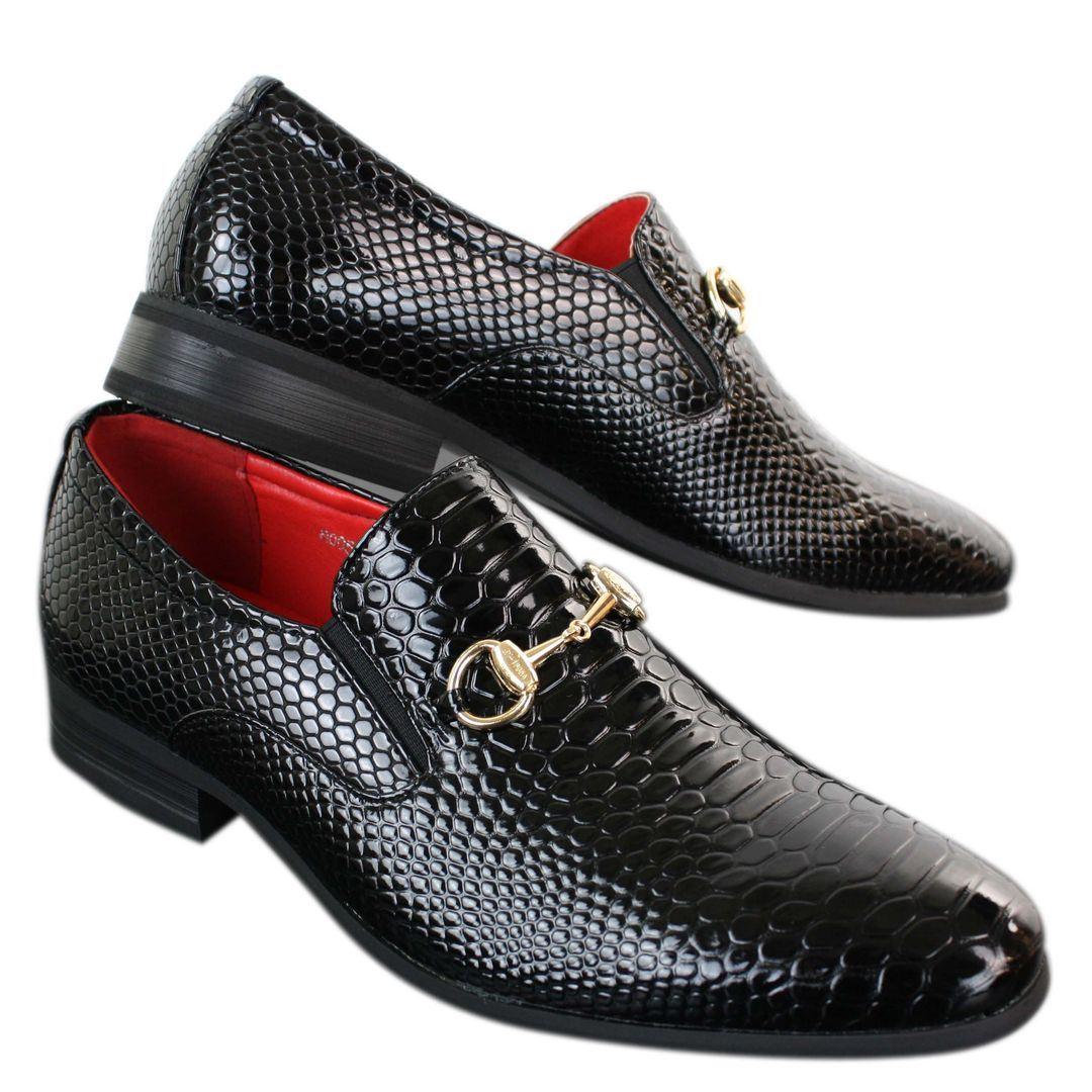 Mens Black Patent Shiny Slip On PU Snake Crocodile Leather Shoes Gold Buckle - Knighthood Store