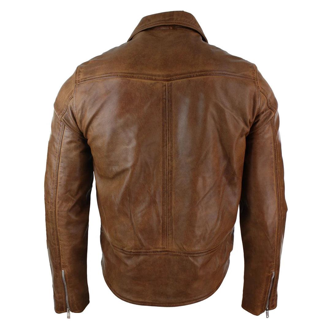 Mens Slim Fit Tan Brown Maroon Classic Cross Zip Brando Leather Biker Jacket - Knighthood Store