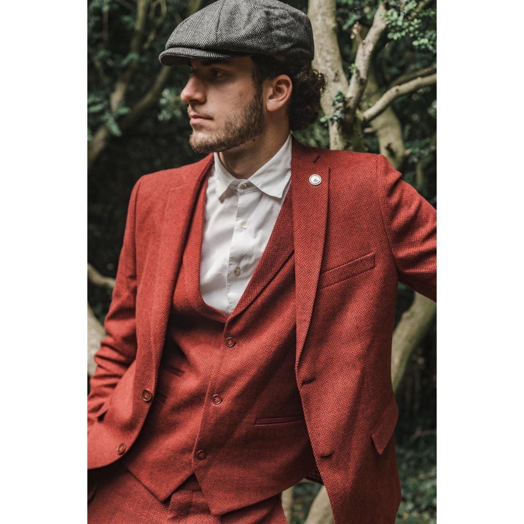 Mens Camel 3 Piece Tweed Suit Herringbone Wool Vintage Retro Fit - Knighthood Store