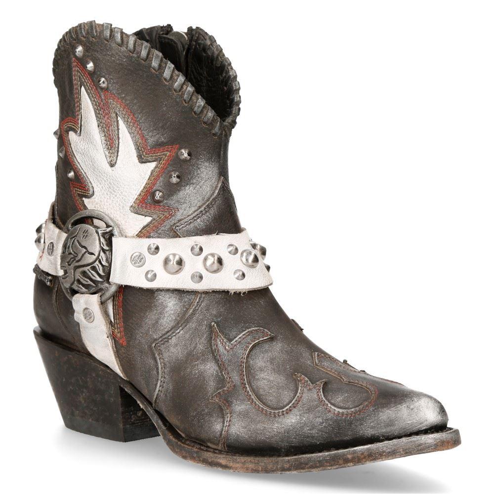 New Rock WSTM004-S2 Grey White Leather Cowboy Western Pointed Boots Vintage - Knighthood Store