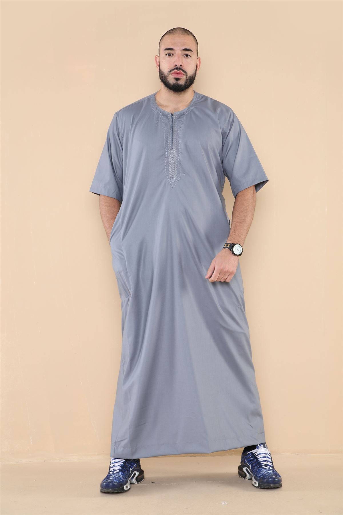 Mens Thobe Jubba Islamic Clothing Kaftan Half Sleeve Robe Moroccan Arab Zipped