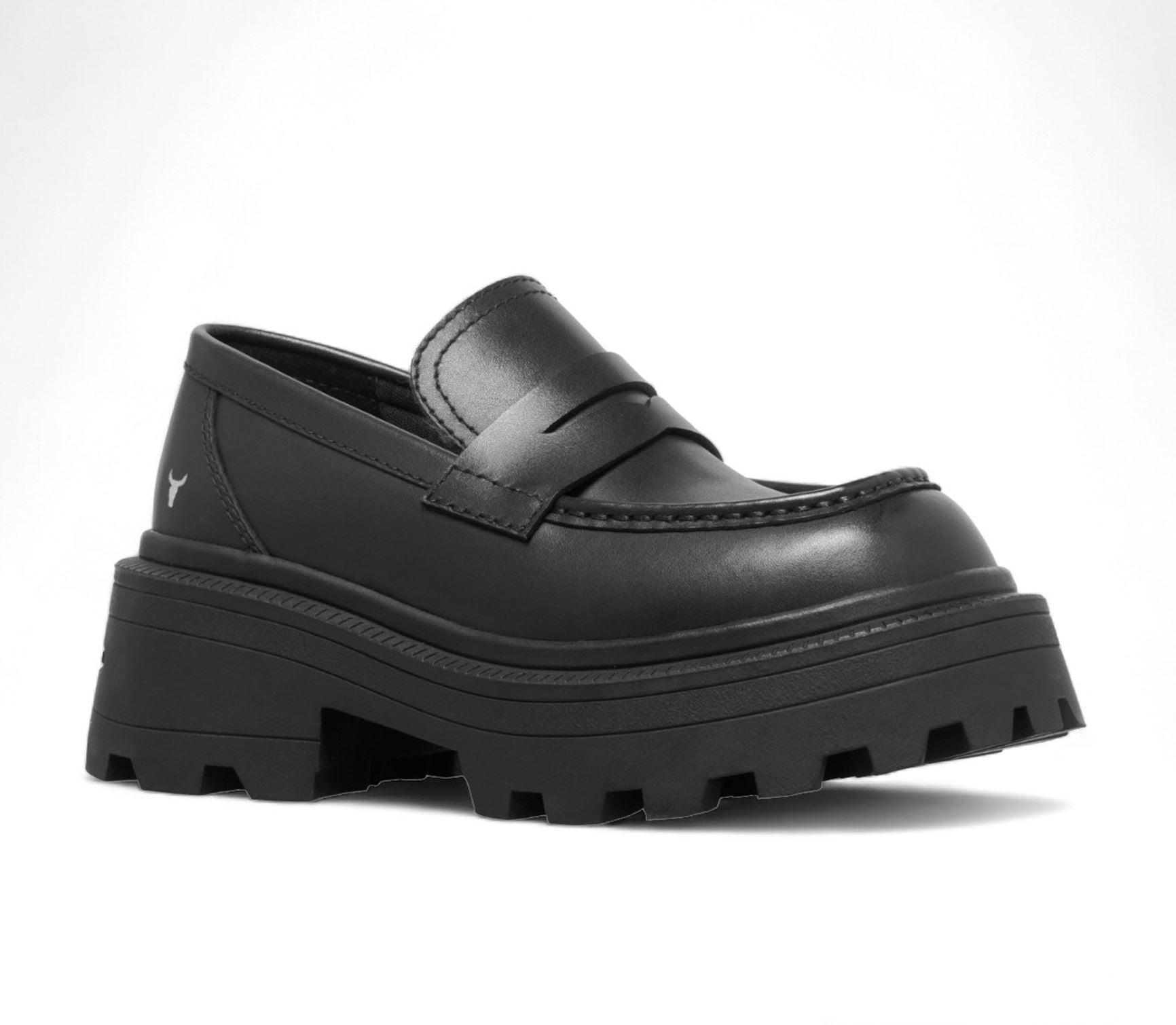 True - Women's Black Slip On Chunky Leather Loafers