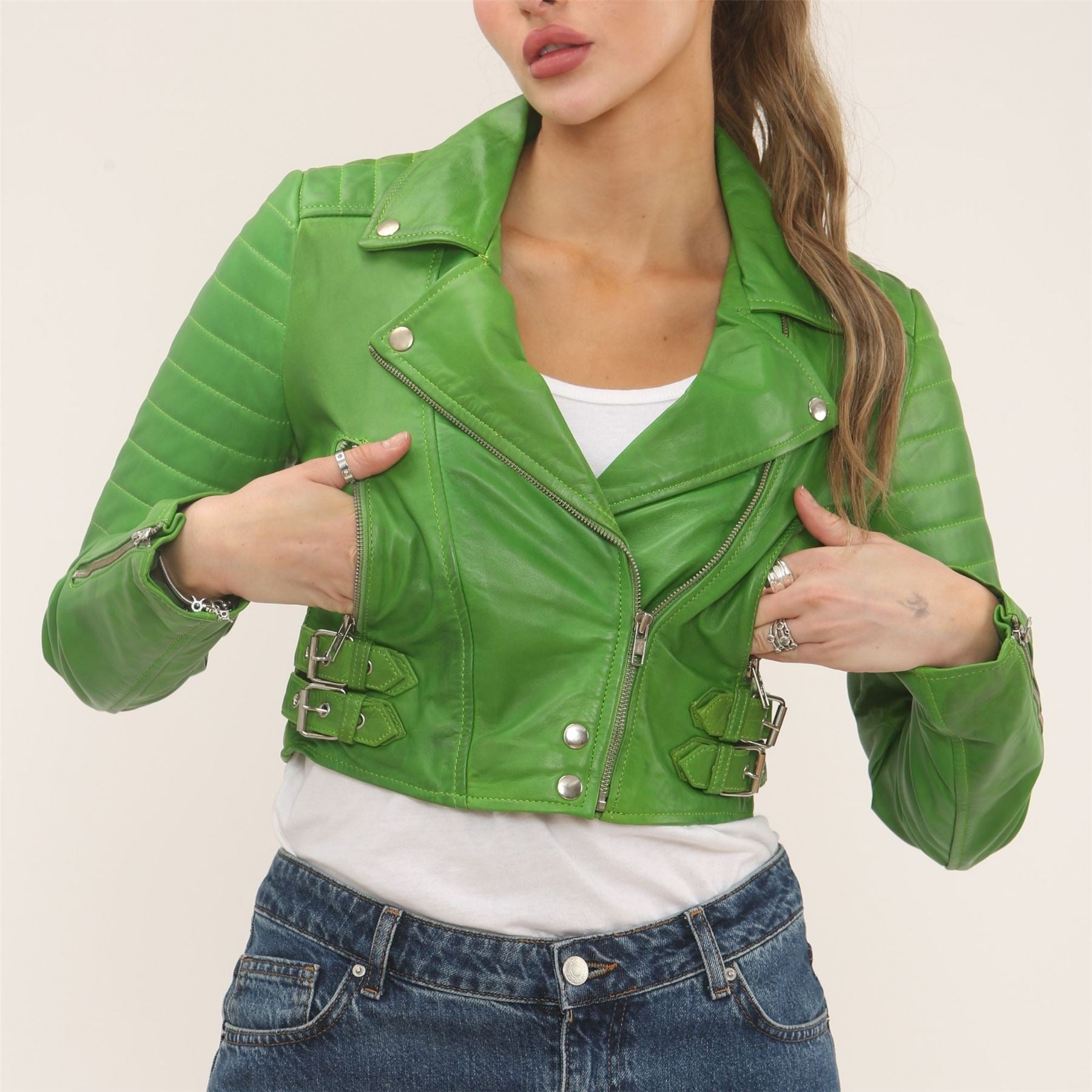 Women's Real Leather Short Cropped Length Biker Jacket