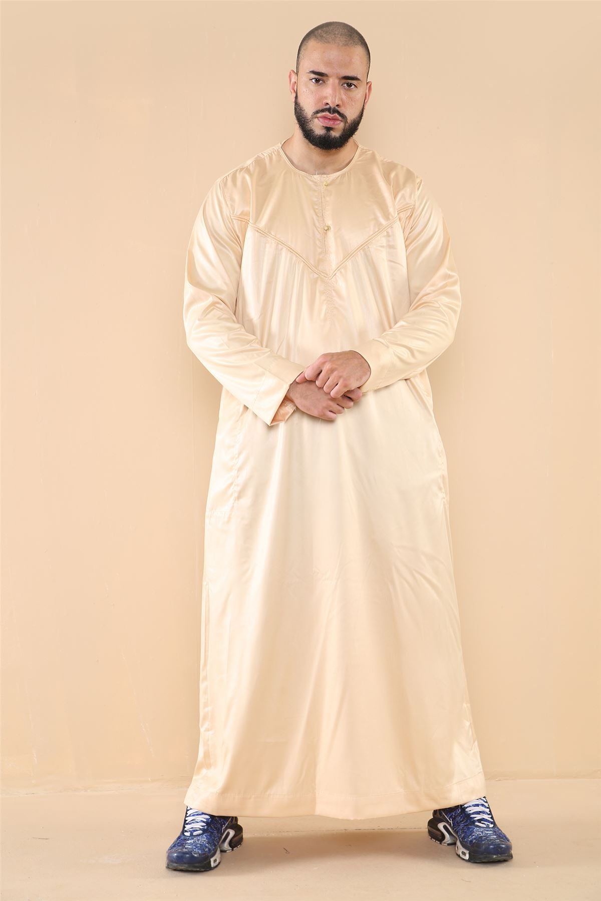 Mens Thobe Jubba Islamic Clothing Muslim Kaftan Emirati Omani Robe Satin Shiny