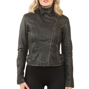 Women's Black Cross Zip Leather Brando Biker Jacket