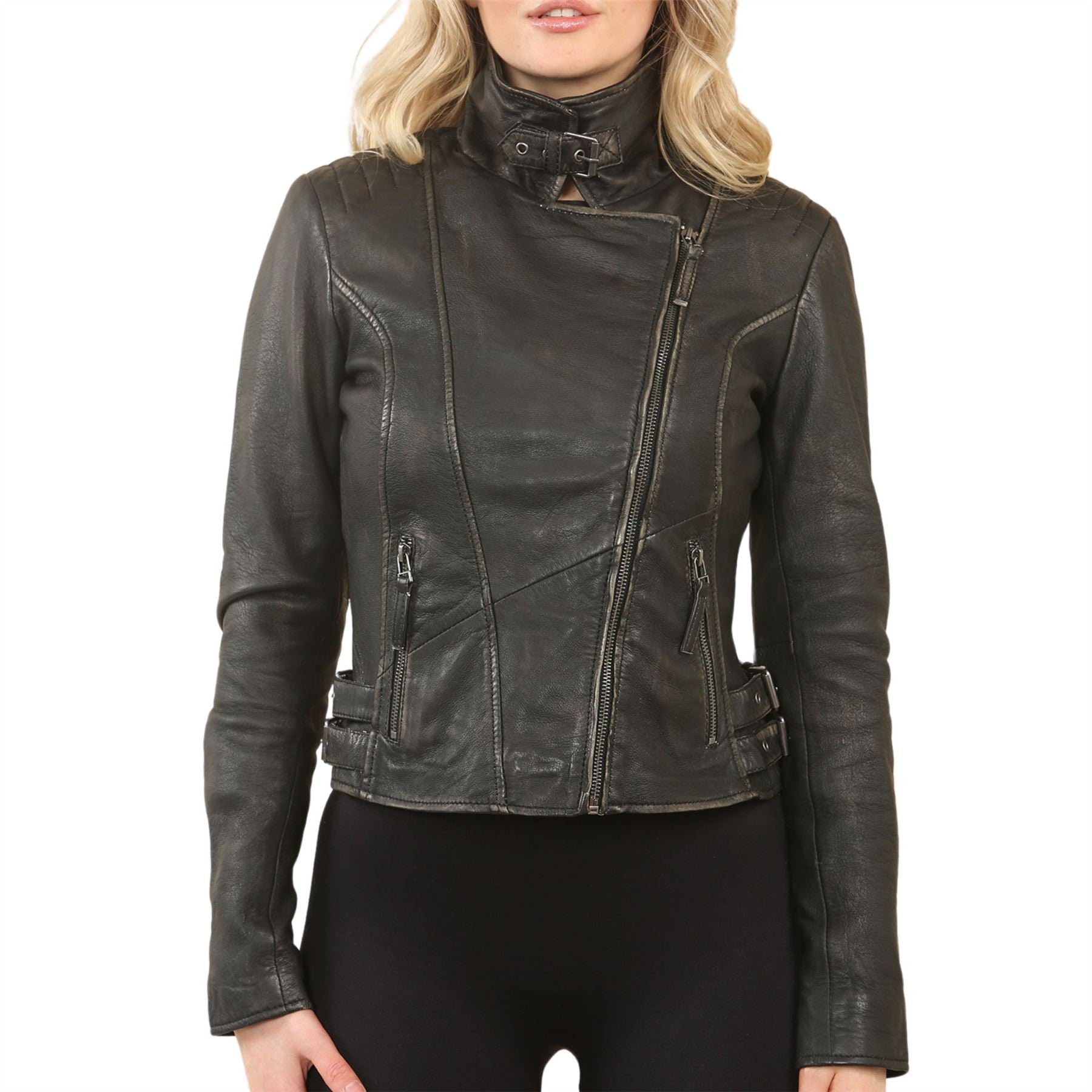 Women's Black Cross Zip Leather Brando Biker Jacket