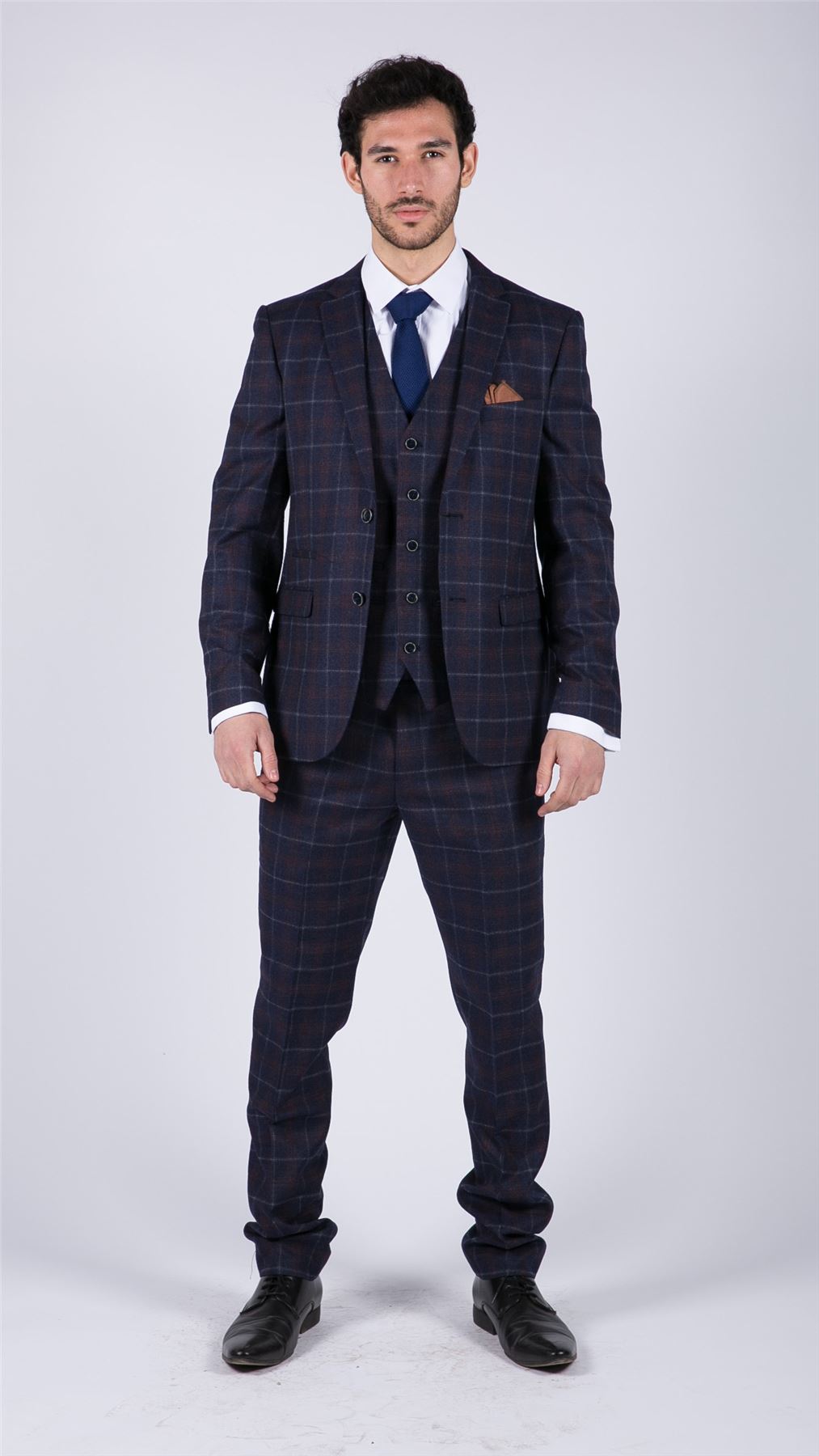 Mens 3 Piece Blue Suit Herringbone Tweed Check Tailored Fit 1920s Wedding Prom