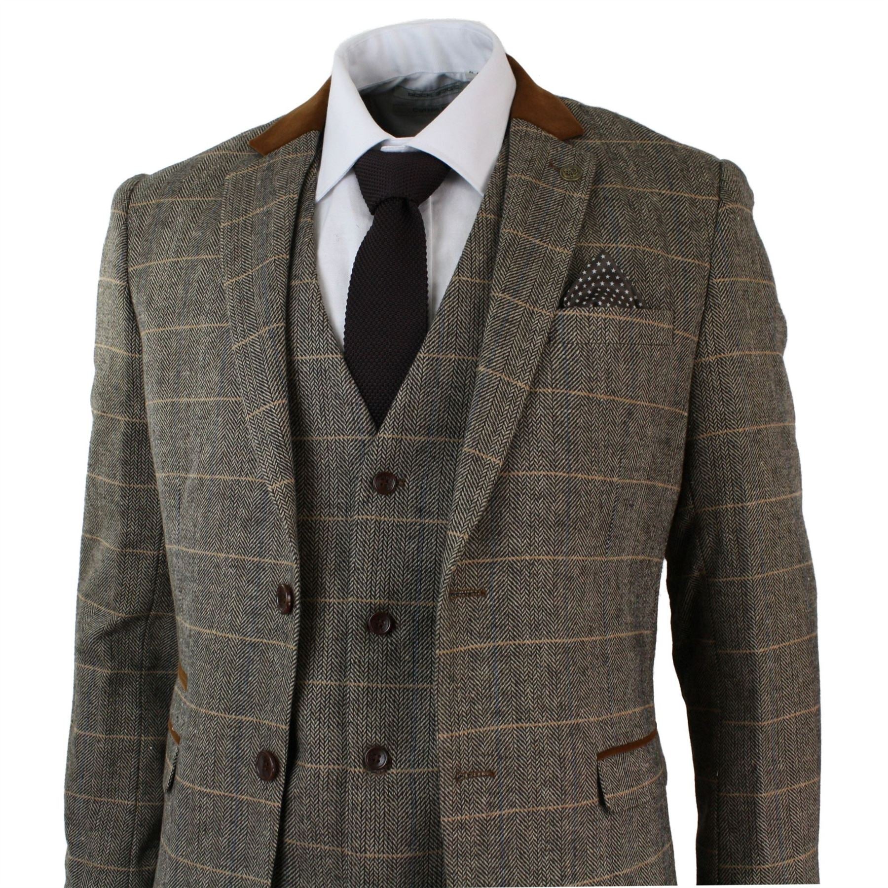 Mens Check Vintage Herringbone Tweed Tan Brown 3 Piece Suit Slim Fit Wedding
