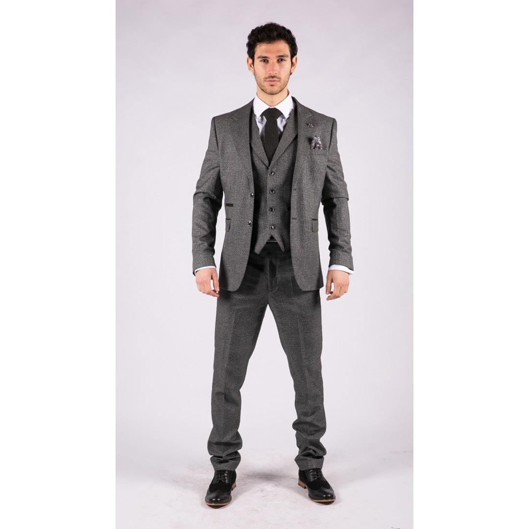 Mens Classic 3 Piece Suit Prince Of Wales Check Grey Tailored Fit Vintage Wedding - Knighthood Store