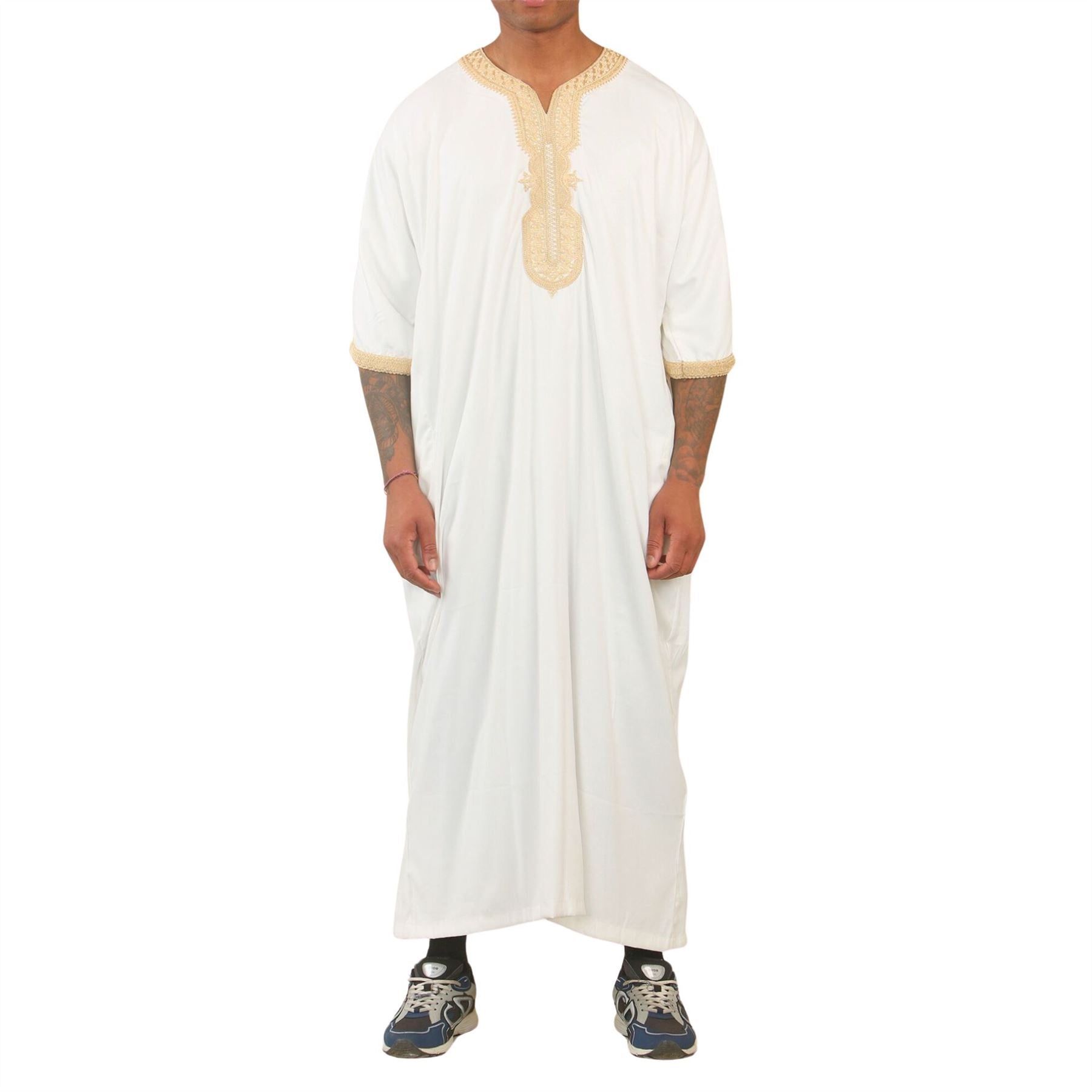 Men's Moroccan Thobe Short Sleeve Gandoura Embroidery Kaftan Jubba