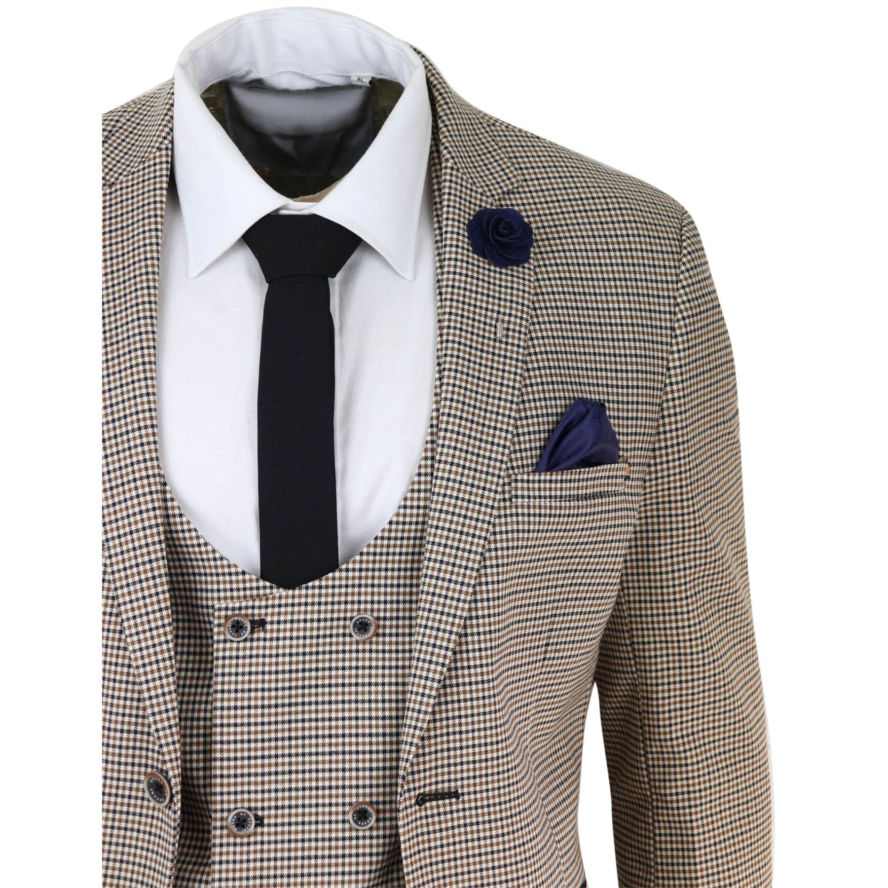 Mens Beige Navy Check Suit Vintage Classic Prince Of Wales Tailored Fit Wedding