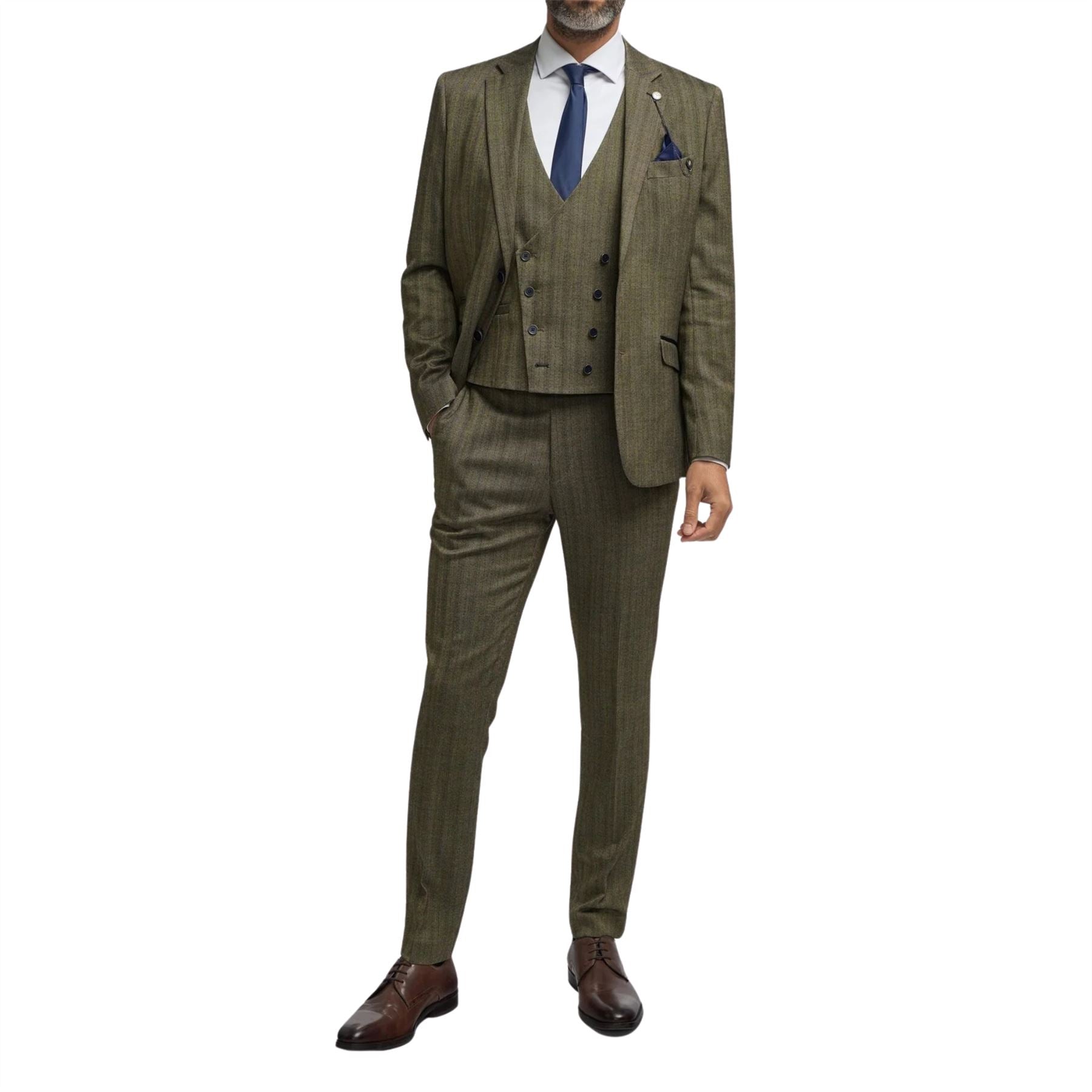 Damon - Men's Olive Green 3 Piece Herringbone Tweed Suit
