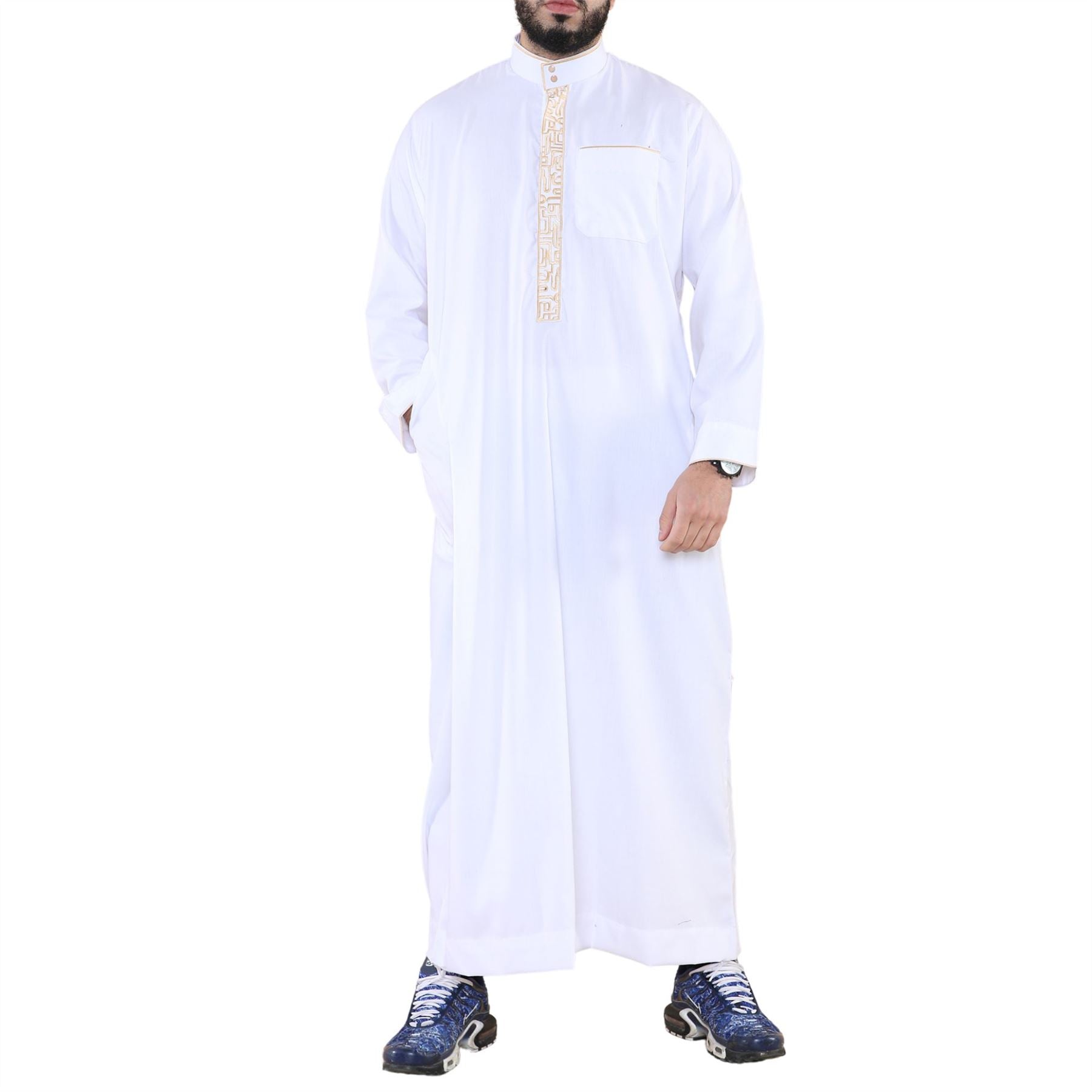Mens Thobe Jubba Nehru Stand Collar Islamic Clothing Muslim Cotton Kaftan Embroidery Eid Robe Saudi