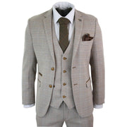 Mens Check Tweed Beige Brown 3 Piece Suit Wedding Prom Vintage Retro Classic