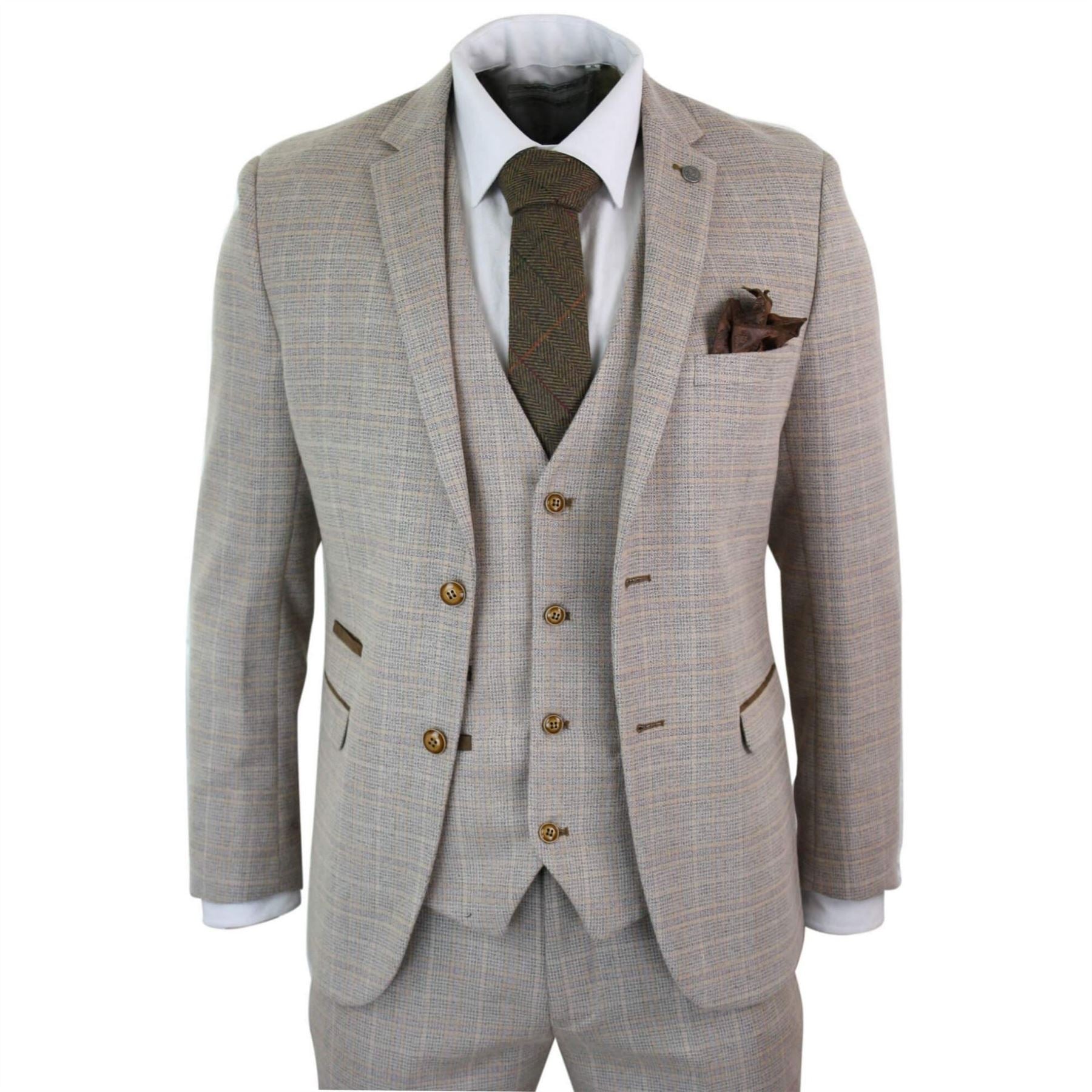 Mens Check Tweed Beige Brown 3 Piece Suit Wedding Prom Vintage Retro Classic