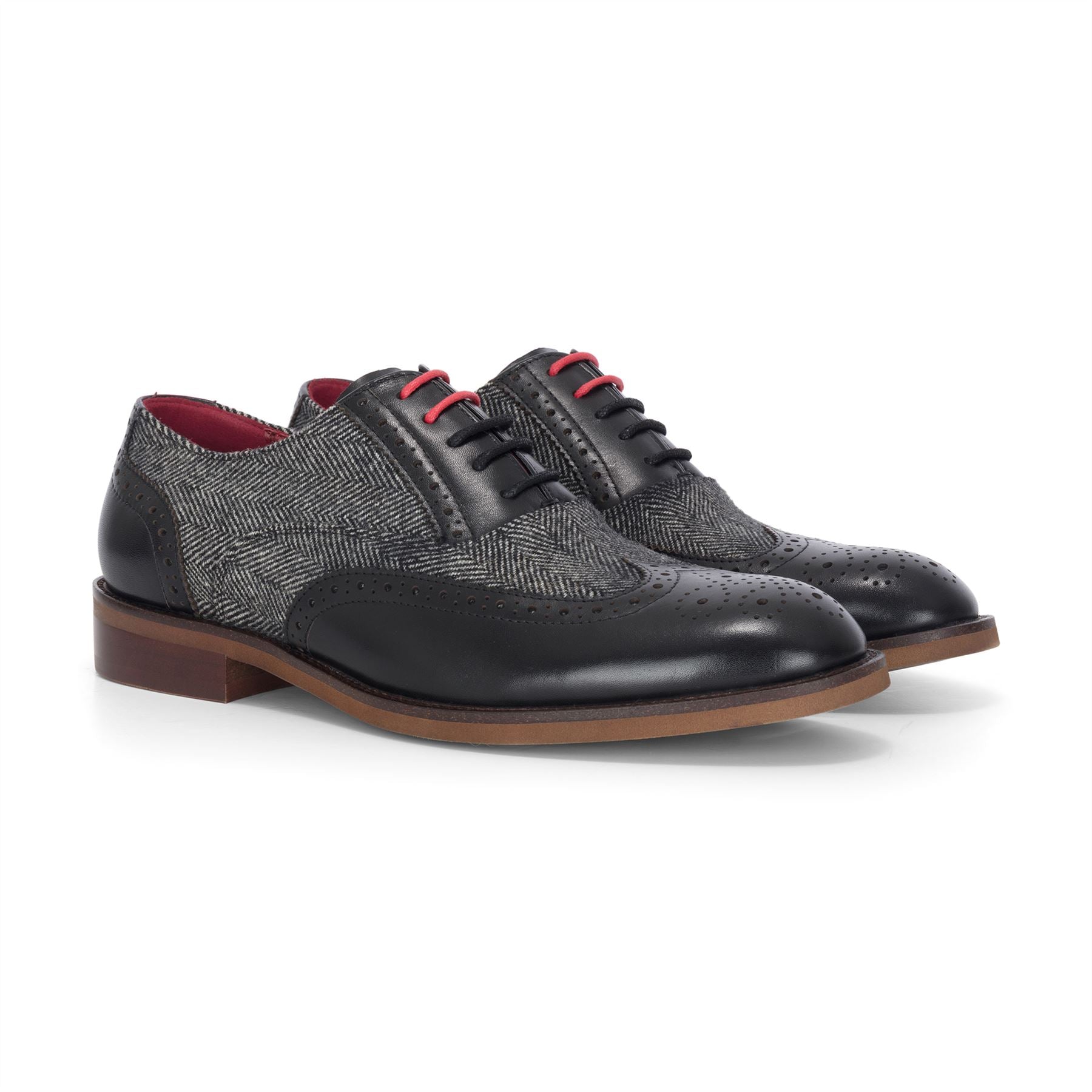 Albert - Men's Black Leather Tweed Detailing Brogue Shoes